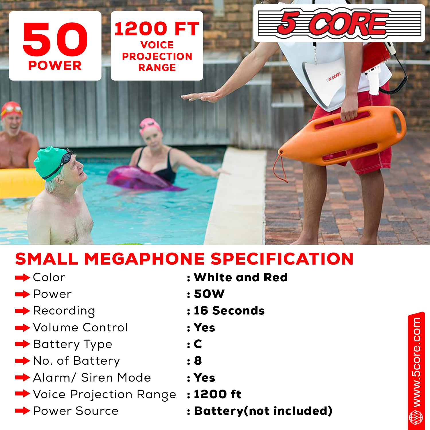 5Core Megaphone Bullhorn Speaker in white and red, showcasing its ergonomic design and powerful speaker capabilities.