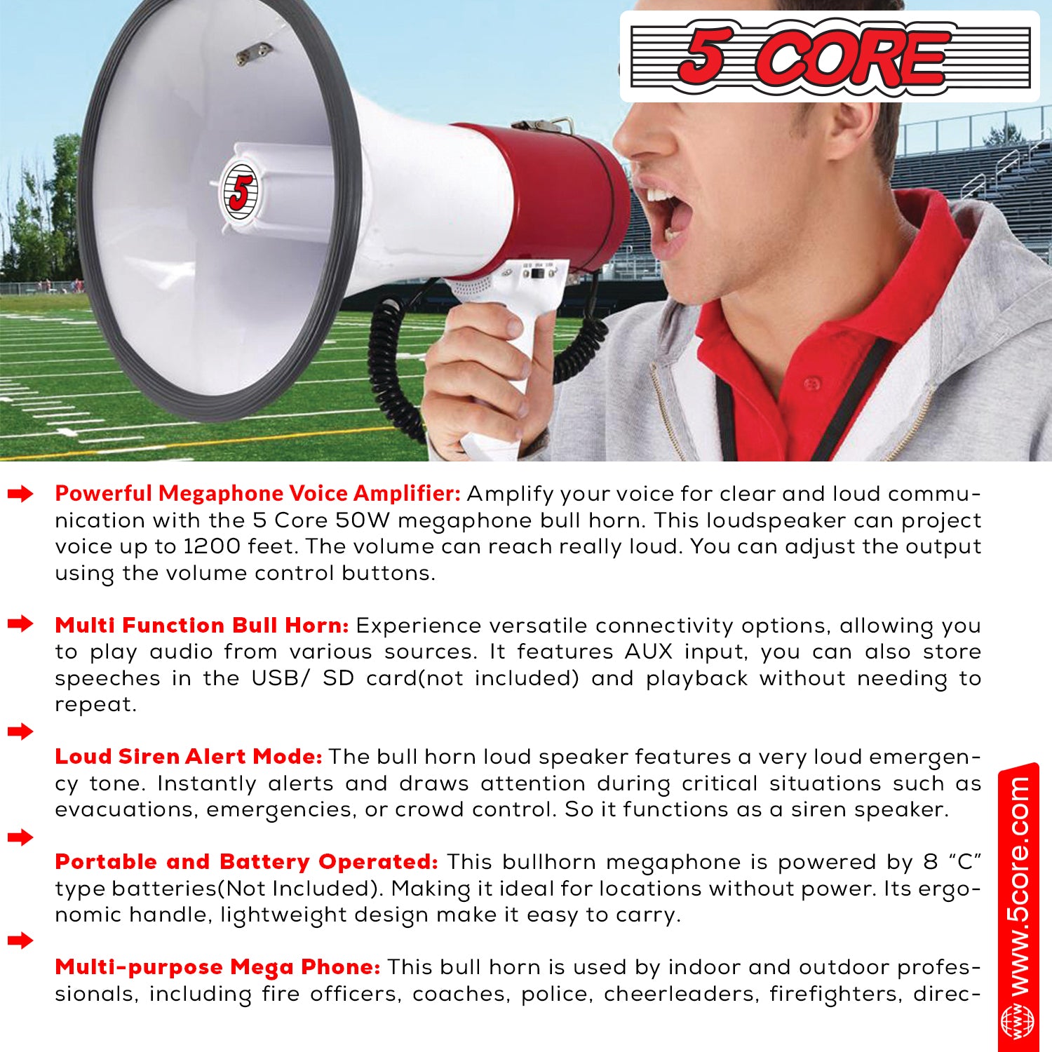 5Core Megaphone Bullhorn Speaker in white and red, showcasing its ergonomic design and powerful speaker capabilities.