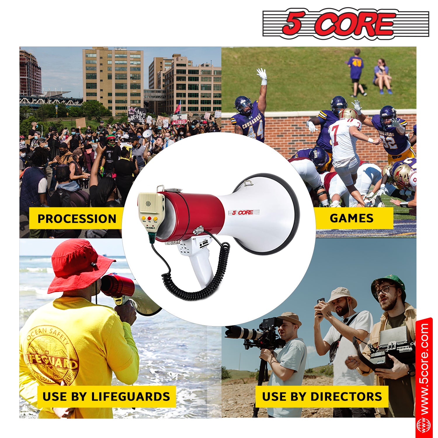 5Core Megaphone Bullhorn Speaker in white and red, showcasing its ergonomic design and powerful speaker capabilities.