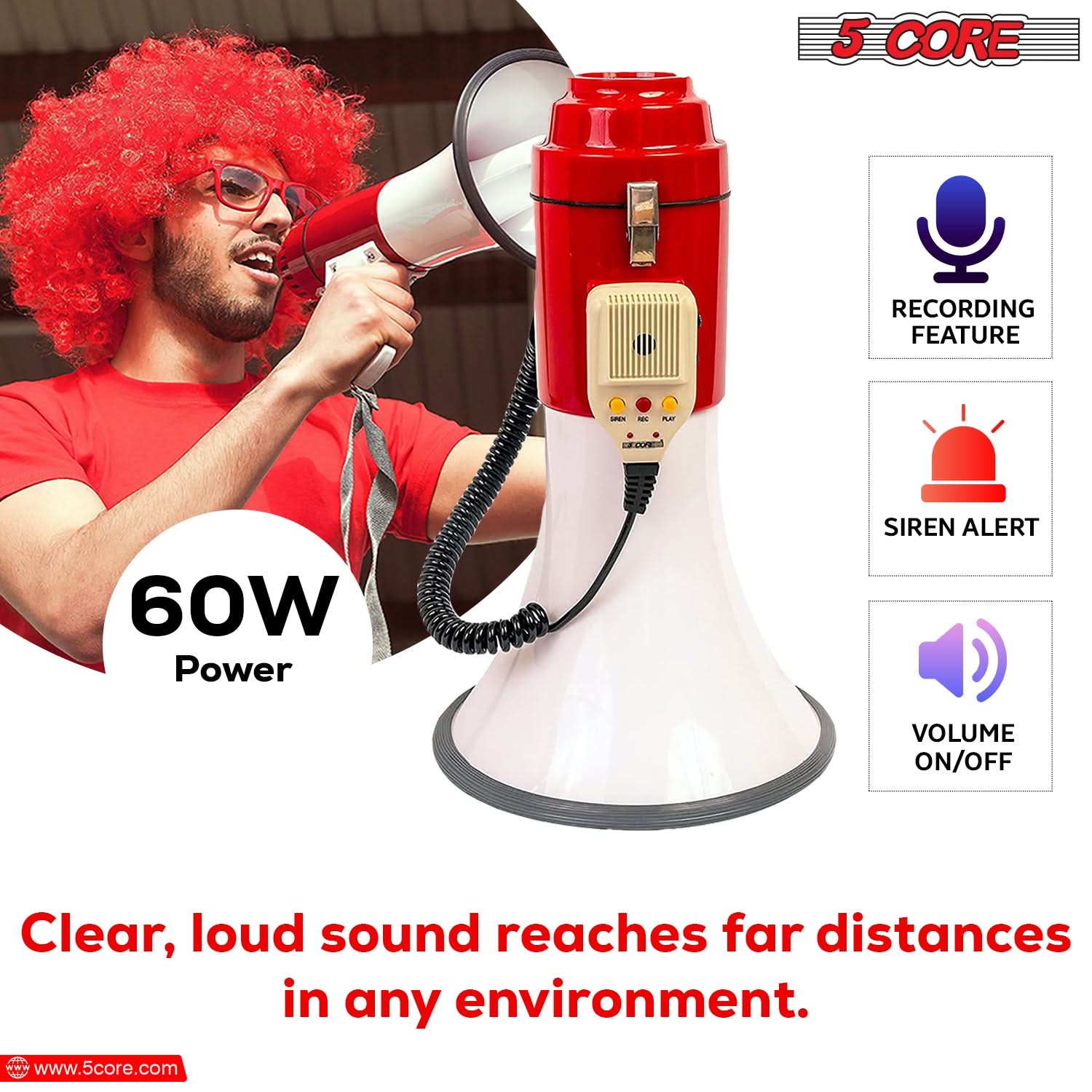 5Core Megaphone Bullhorn Speaker Pro 60W with siren and detachable microphone, designed for loud announcements and cheering.