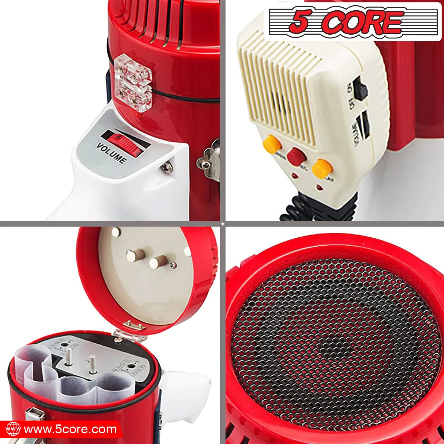 5Core Megaphone Bullhorn Speaker Pro 60W with siren and detachable microphone, designed for loud announcements and cheering.