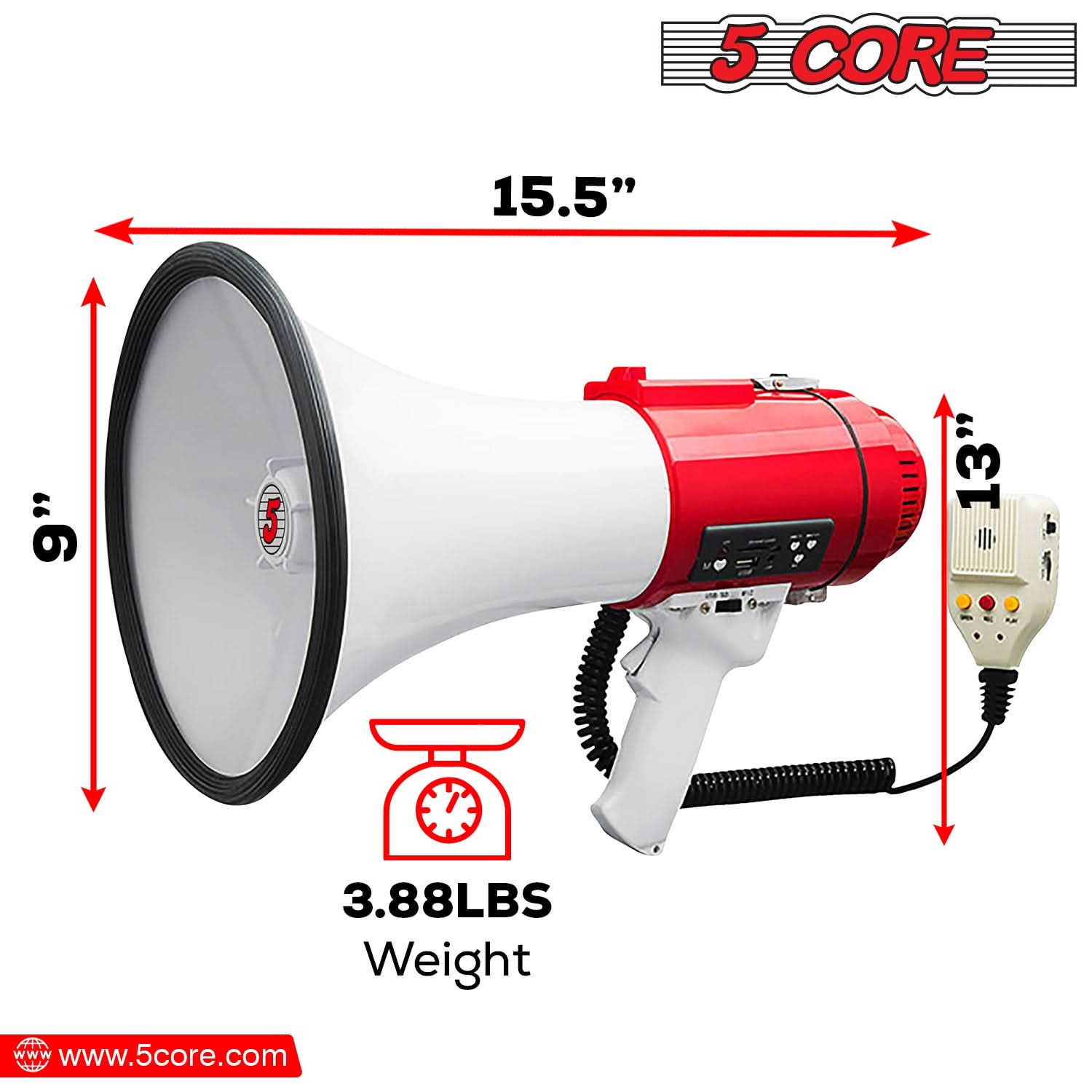 5Core Megaphone Bullhorn Speaker Pro 60W with siren and detachable microphone, designed for loud announcements and cheering.
