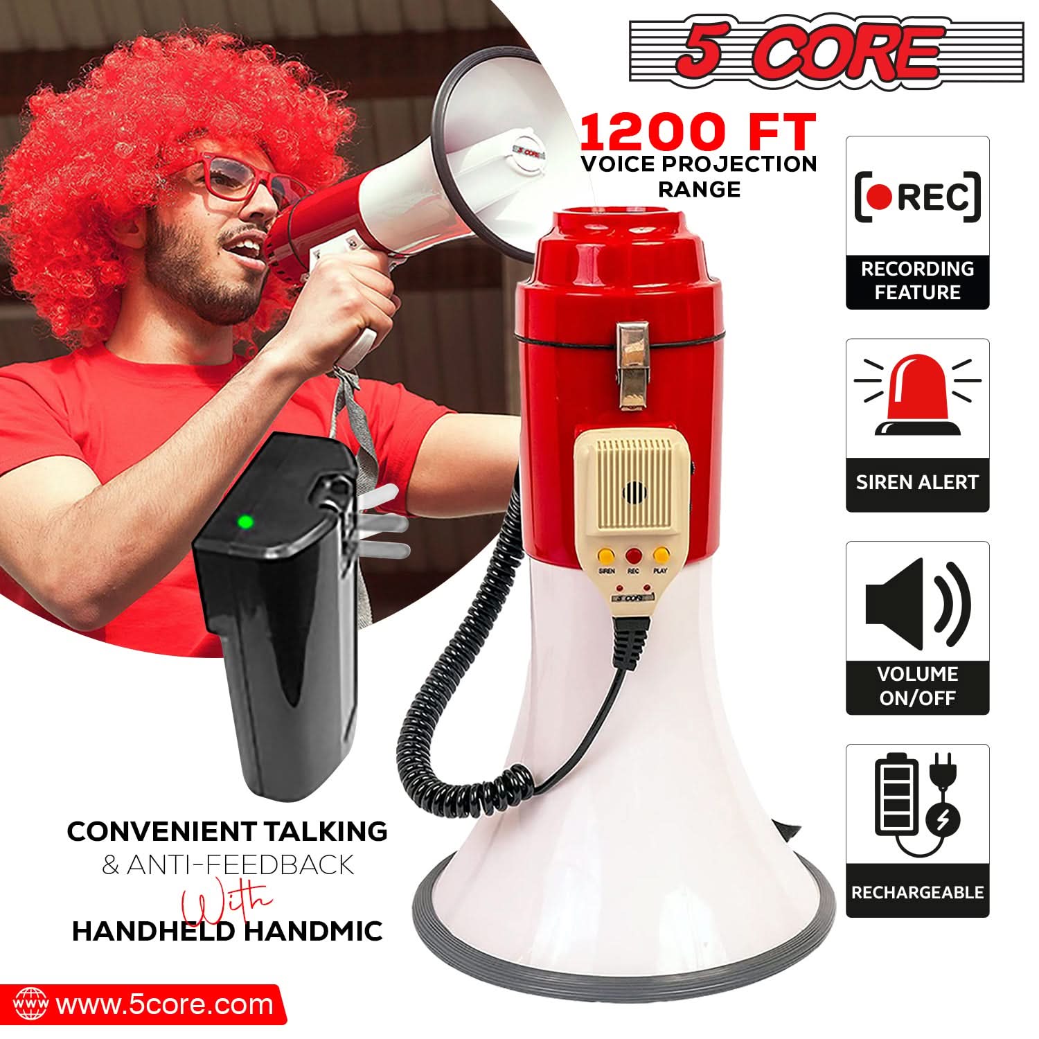 5Core Megaphone Bullhorn Speaker Pro 60W with siren and detachable microphone, designed for loud announcements and cheering.
