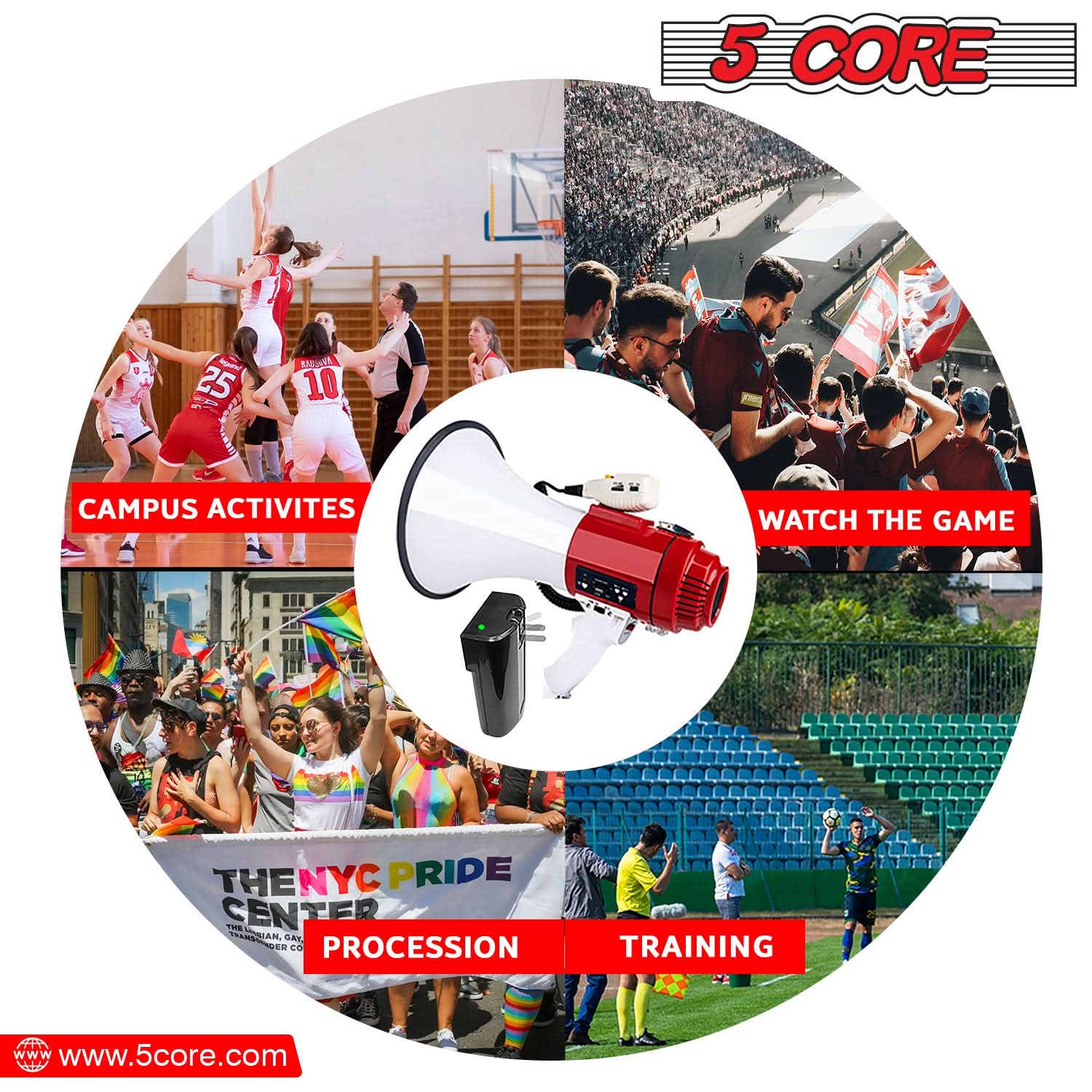 5Core Megaphone Bullhorn Speaker Pro 60W with siren and detachable microphone, designed for loud announcements and cheering.