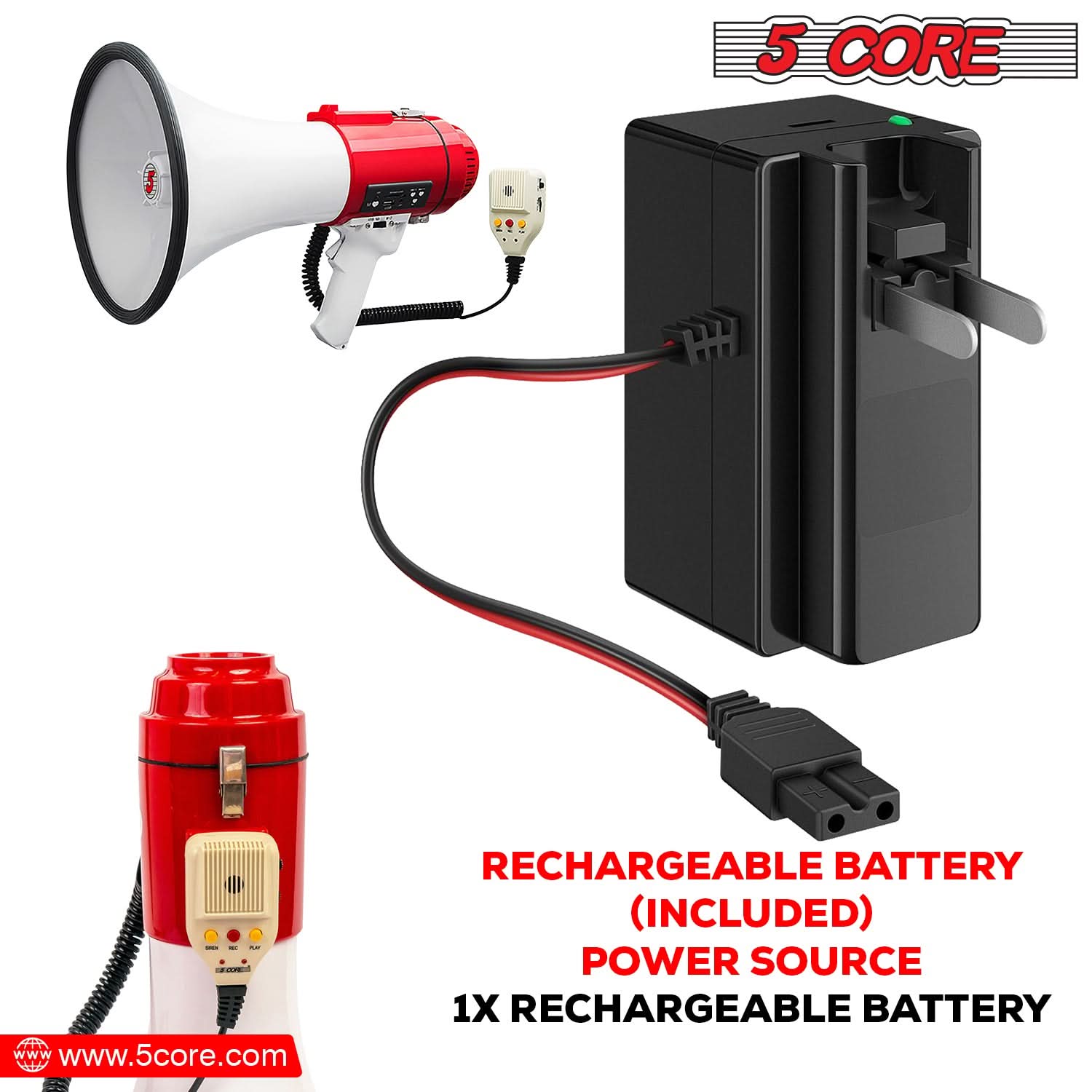 5Core Megaphone Bullhorn Speaker Pro 60W with siren and detachable microphone, designed for loud announcements and cheering.