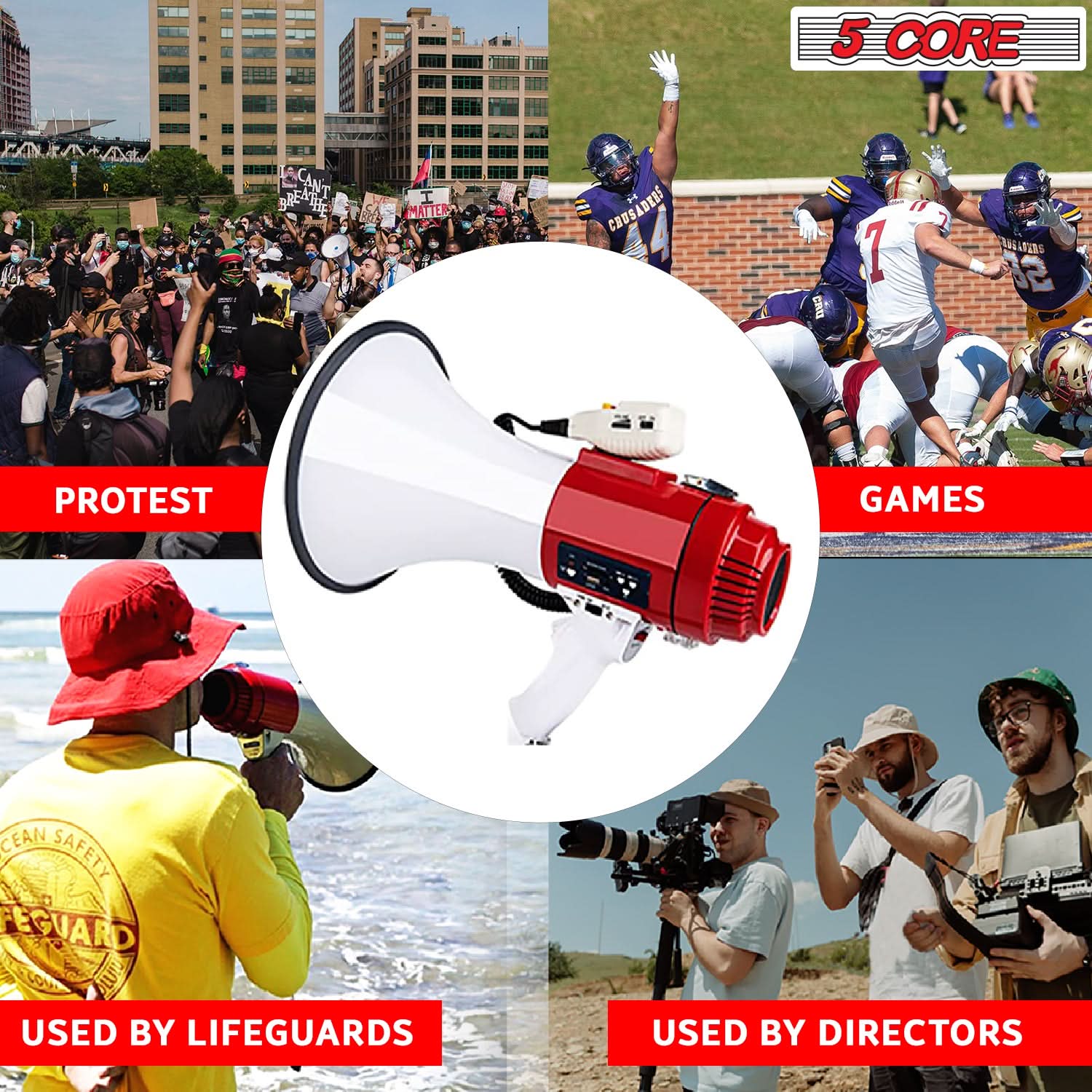 5Core Megaphone Bullhorn Speaker Pro 60W with siren and detachable microphone, designed for loud announcements and cheering.