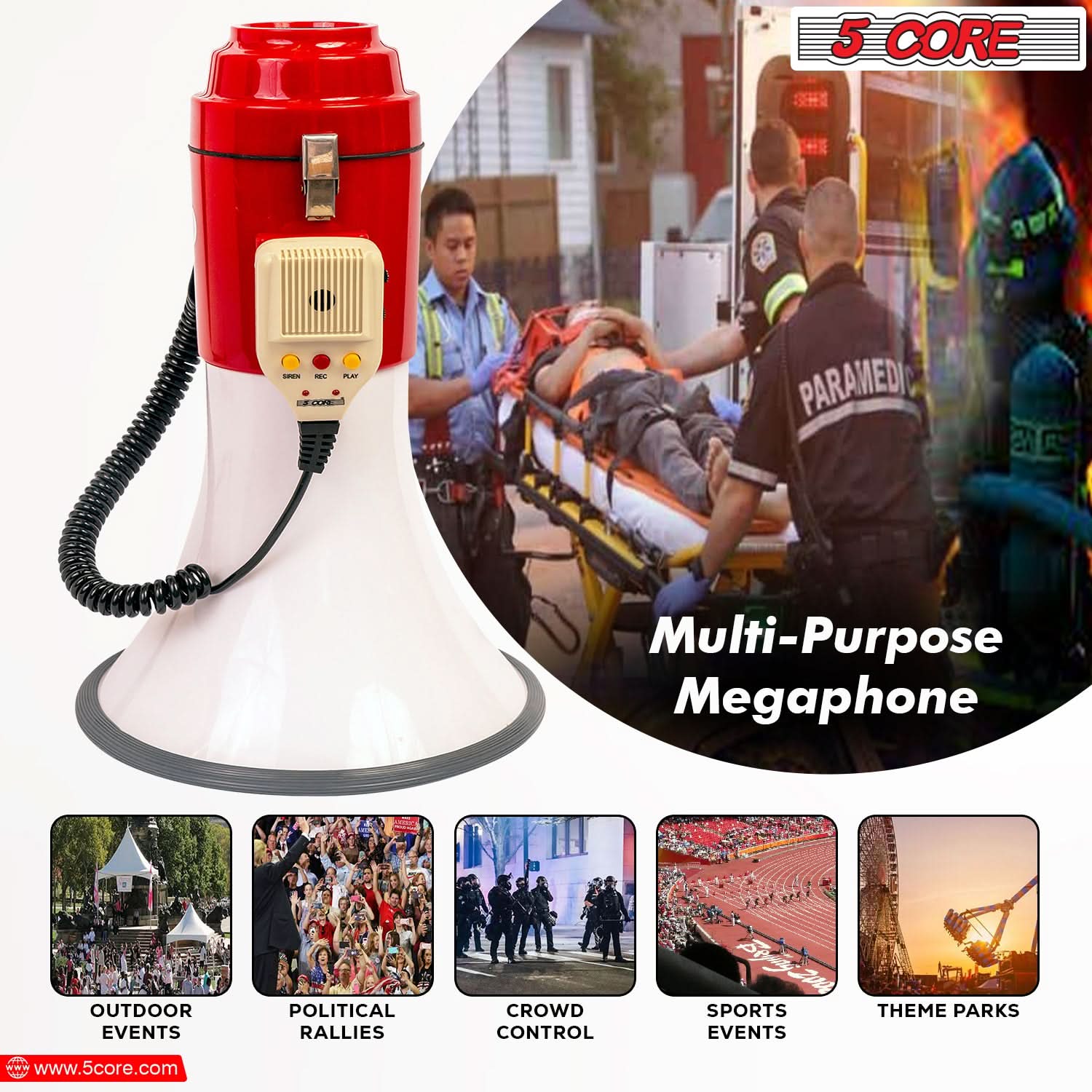 5Core Megaphone Bullhorn Speaker Pro 60W with siren and detachable microphone, designed for loud announcements and cheering.