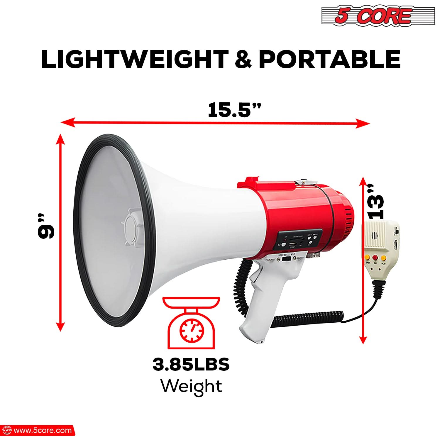 5Core Megaphone Bullhorn Speaker Pro 60W with siren and detachable microphone, designed for loud announcements and cheering.