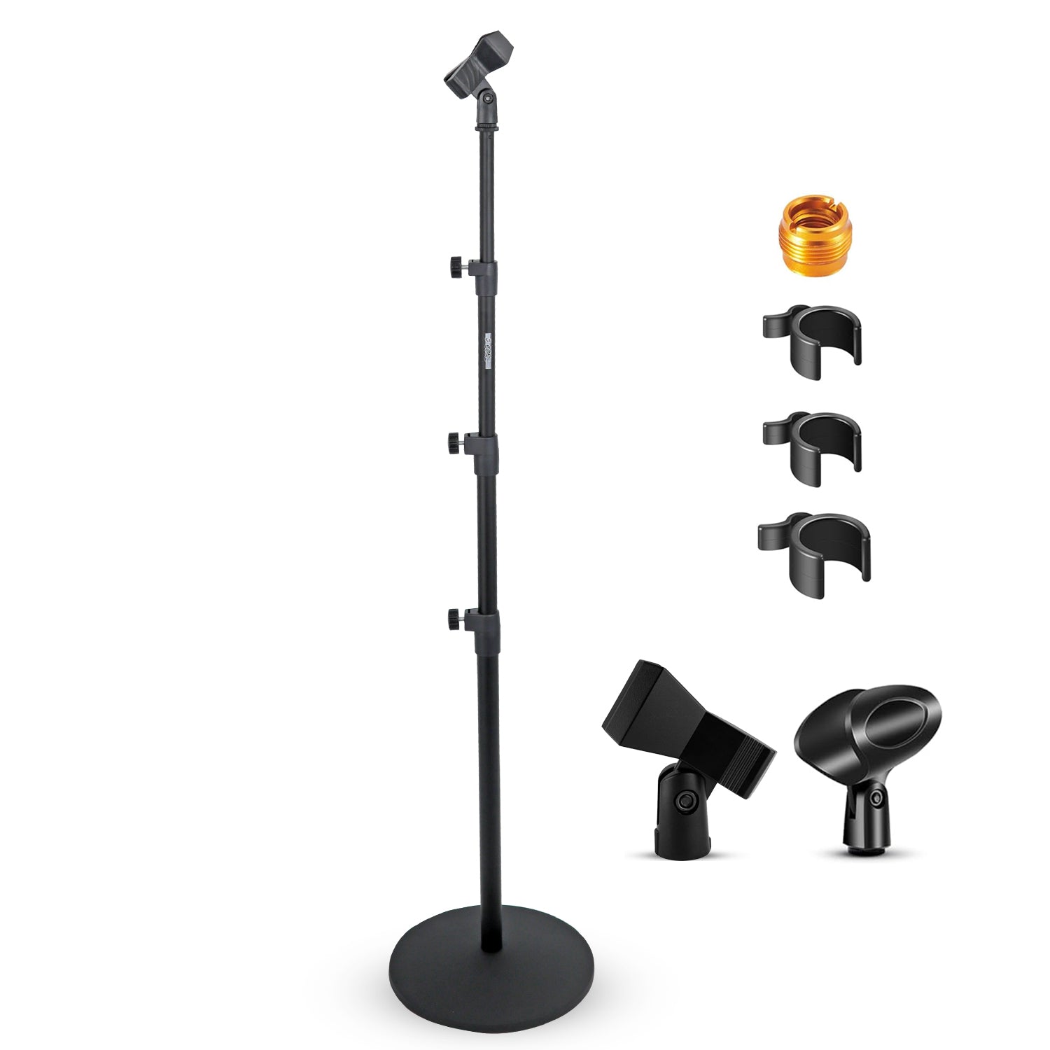 5Core Mic Stand Floor Adjustable Universal Heavy Duty Microphone with a sturdy round base and metal construction, suitable for various microphone types.
