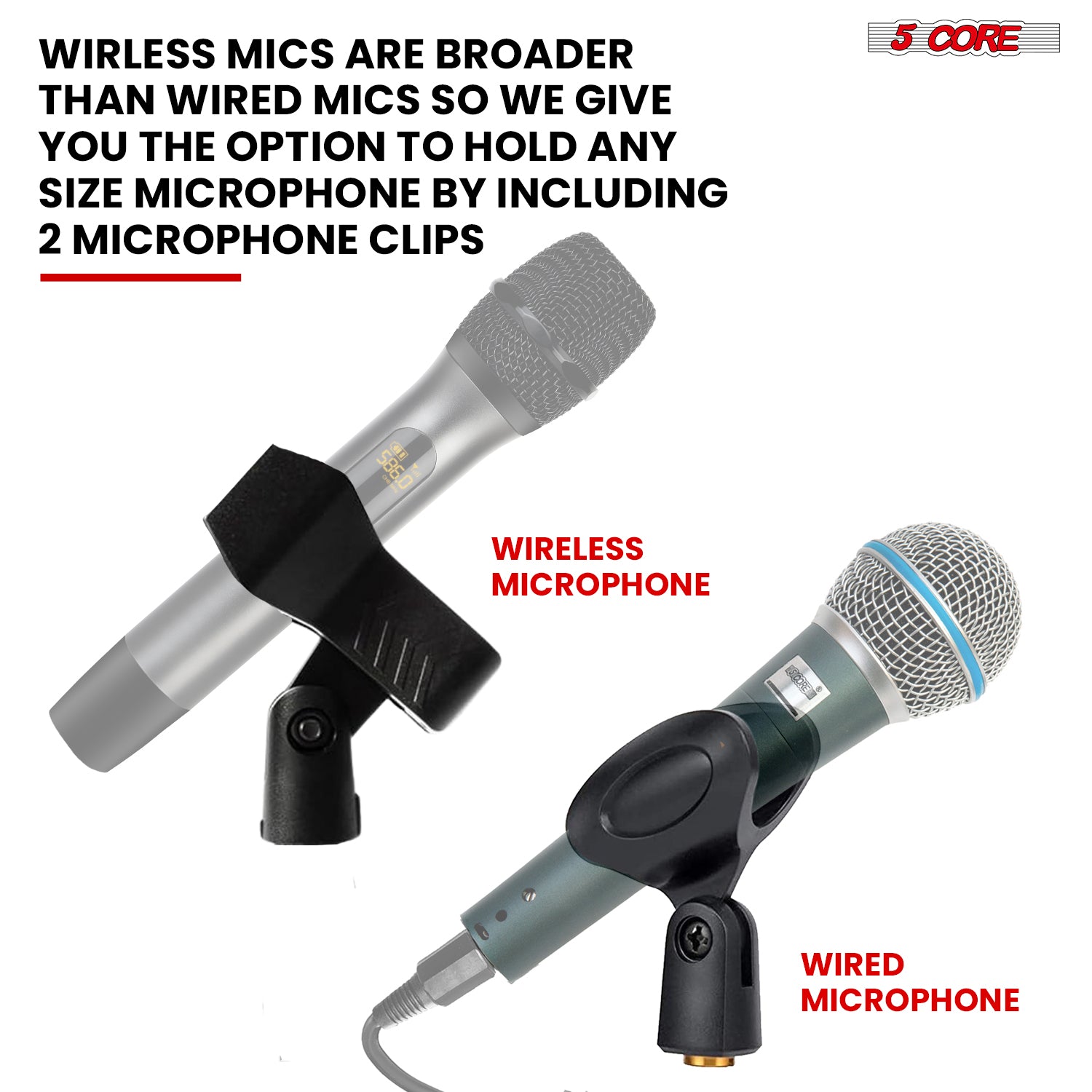 5Core Mic Stand Floor Adjustable Universal Heavy Duty Microphone with a sturdy round base and metal construction, suitable for various microphone types.