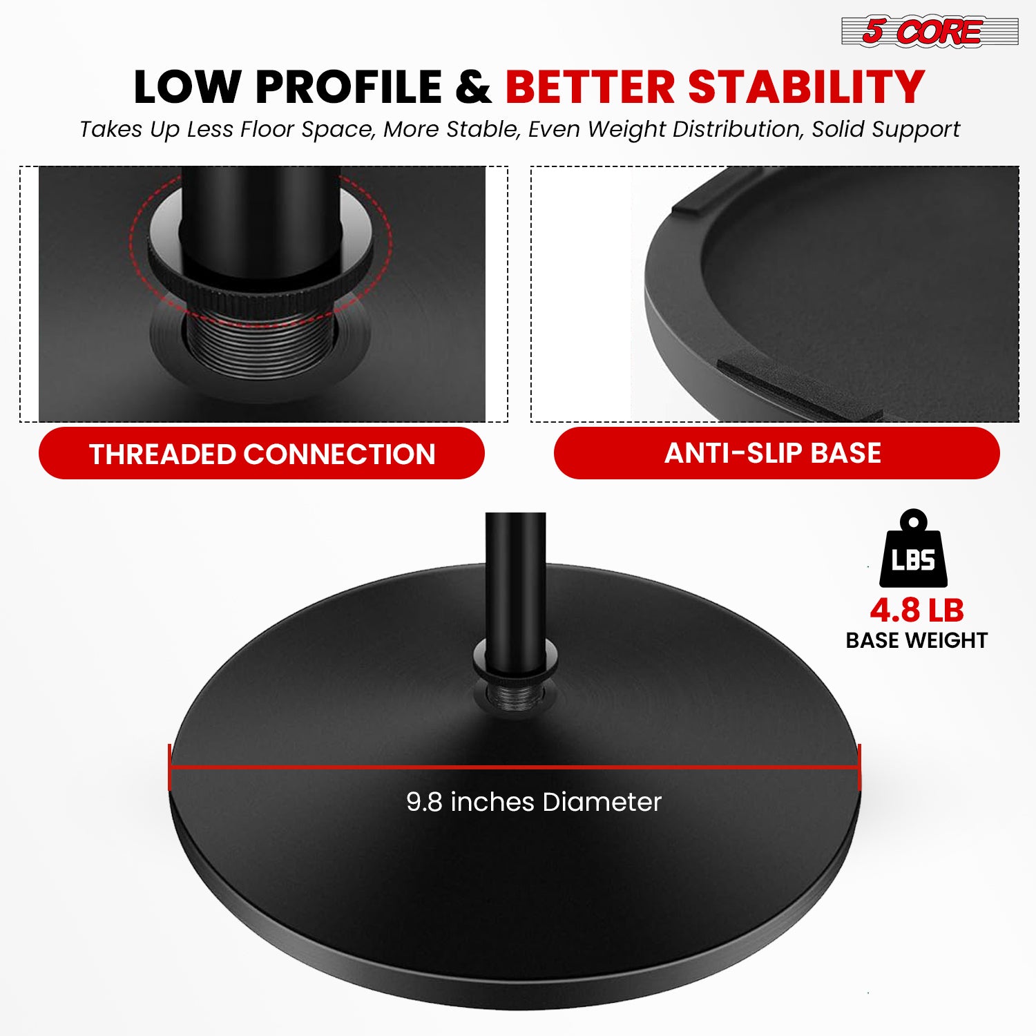5Core Mic Stand Floor Adjustable Universal Heavy Duty Microphone with a sturdy round base and metal construction, suitable for various microphone types.
