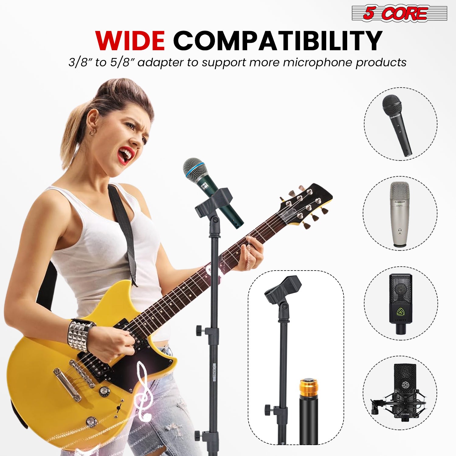 5Core Mic Stand Floor Adjustable Universal Heavy Duty Microphone with a sturdy round base and metal construction, suitable for various microphone types.
