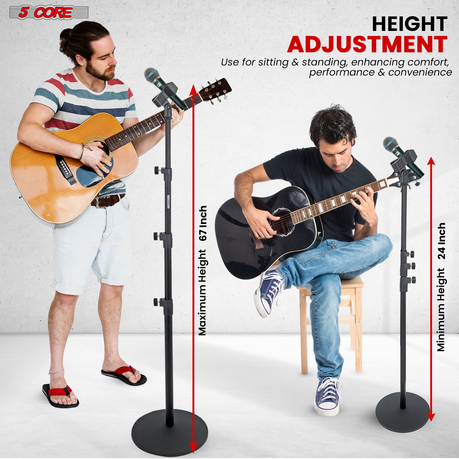 5Core Mic Stand Floor Adjustable Universal Heavy Duty Microphone with a sturdy round base and metal construction, suitable for various microphone types.