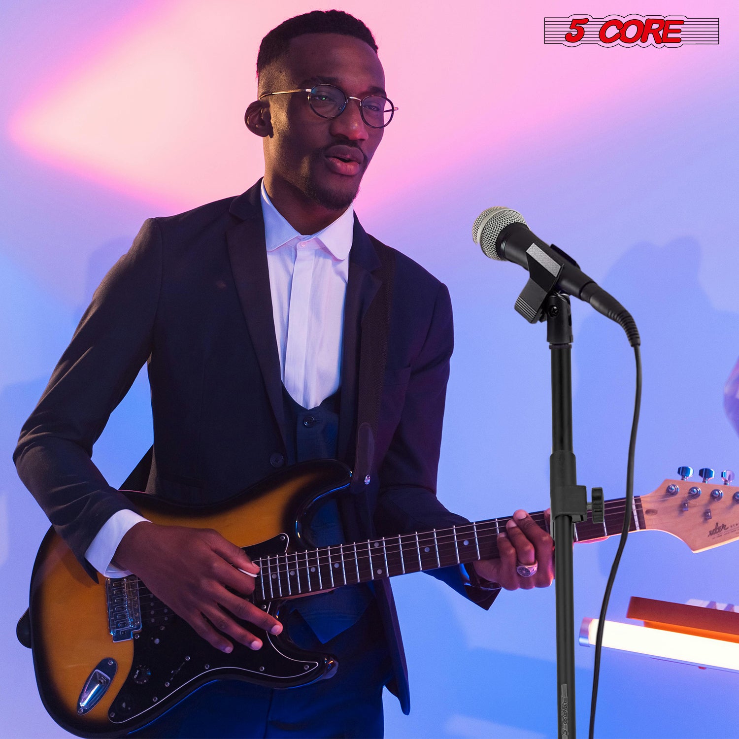 5Core Mic Stand Floor Adjustable Universal Heavy Duty Microphone with a sturdy round base and metal construction, suitable for various microphone types.