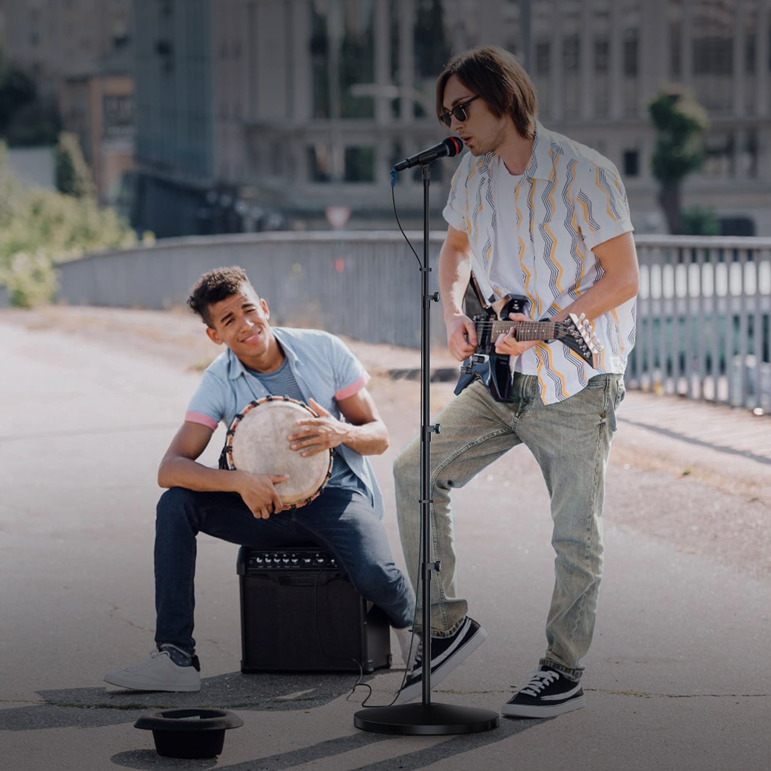 5Core Mic Stand Floor Adjustable Universal Heavy Duty Microphone with a sturdy round base and metal construction, suitable for various microphone types.