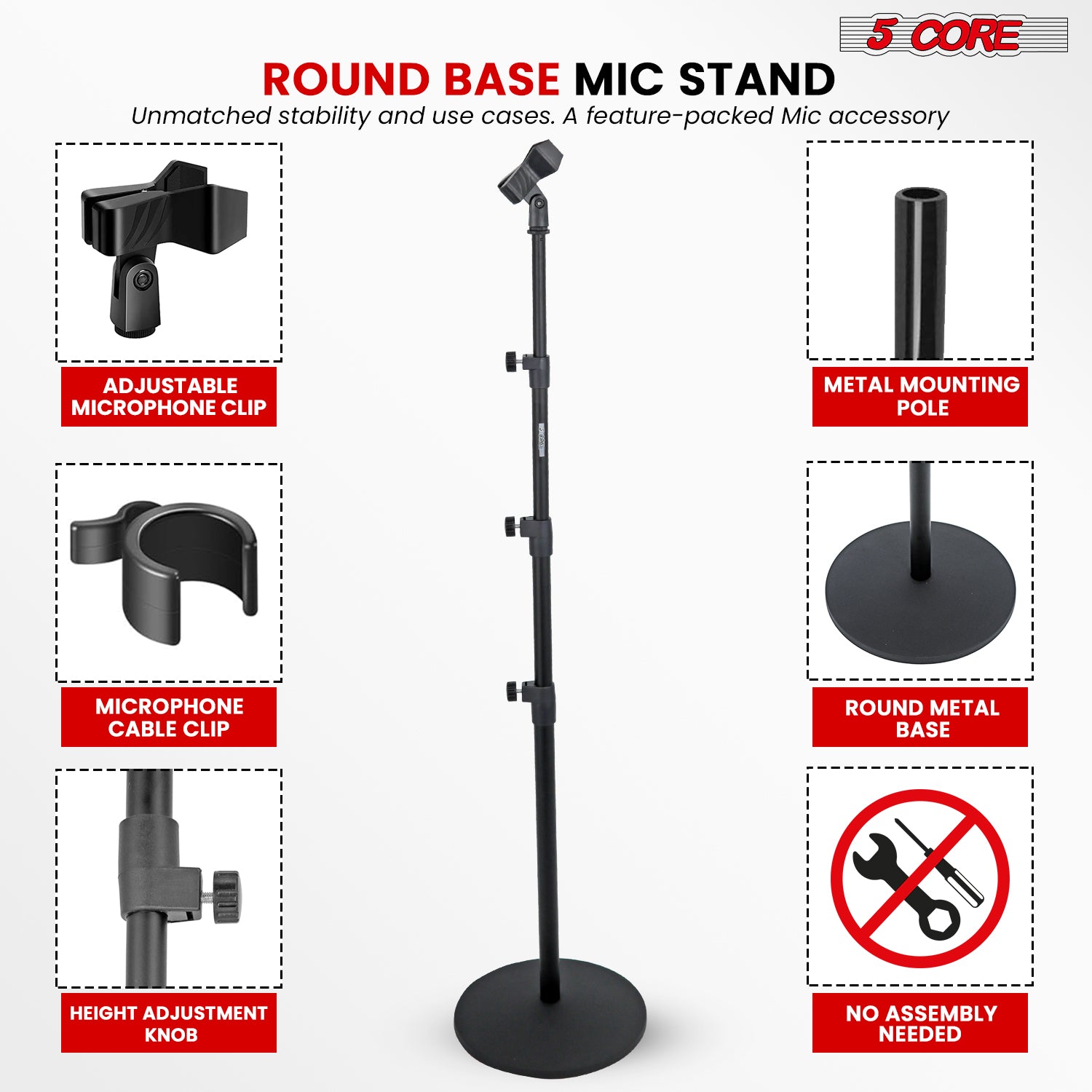 5Core Mic Stand Floor Adjustable Universal Heavy Duty Microphone with a sturdy round base and metal construction, suitable for various microphone types.