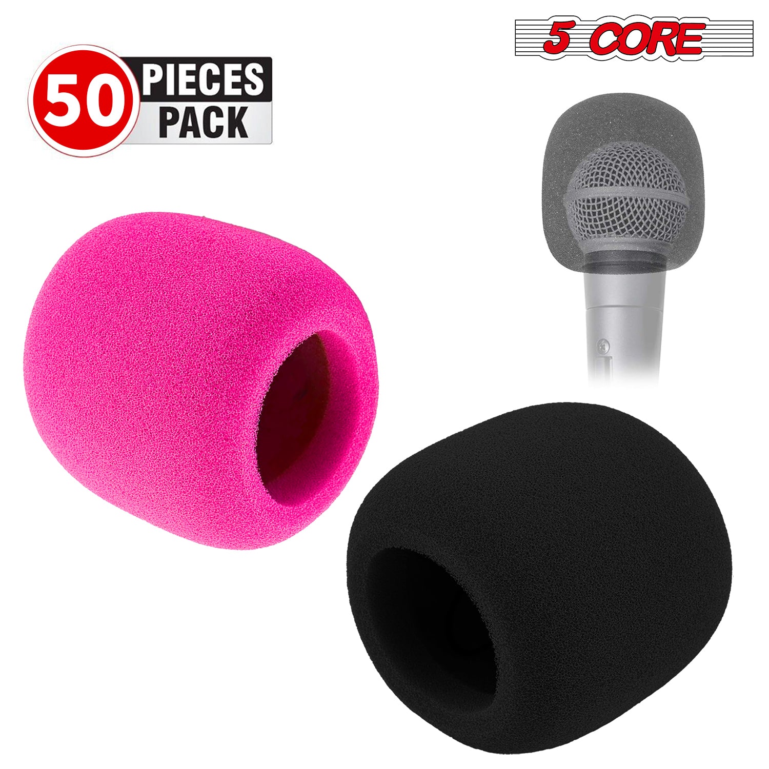 5Core Microphone Cover Soft Foam Mic Windscreen in black and pink, designed to reduce noise and improve sound quality for handheld microphones.