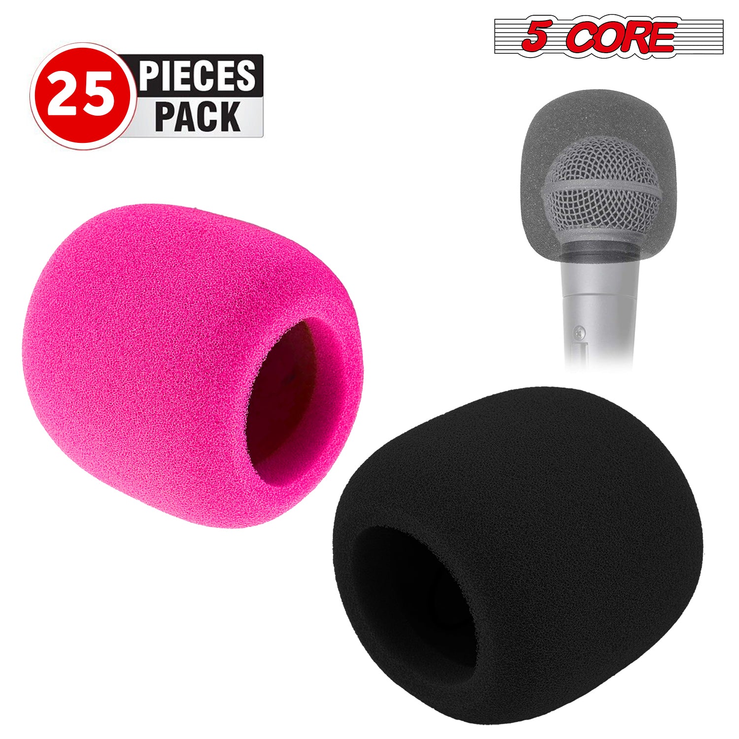 5Core Microphone Cover Soft Foam Mic Windscreen in black and pink, designed to reduce noise and improve sound quality for handheld microphones.