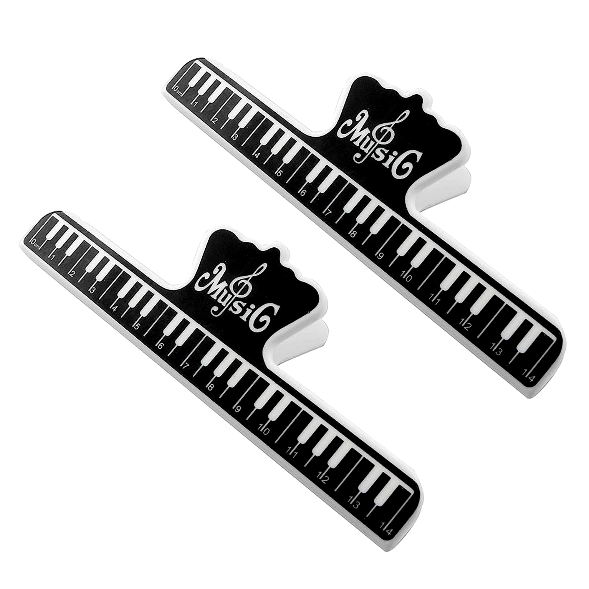 Two black durable plastic music sheet page holder clips designed for musicians, showcasing their sturdy construction and compact size.