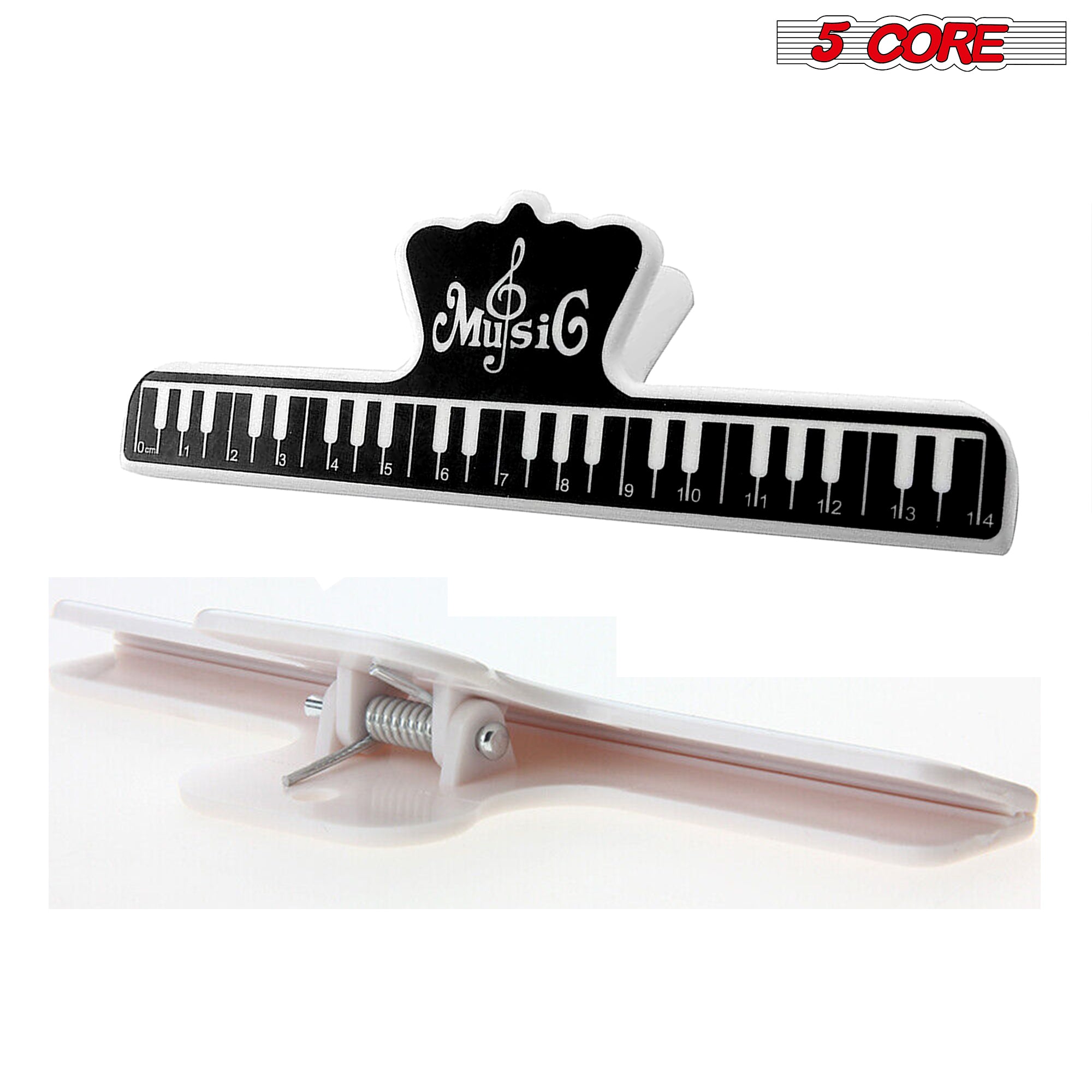 Two black durable plastic music sheet page holder clips designed for musicians, showcasing their sturdy construction and compact size.