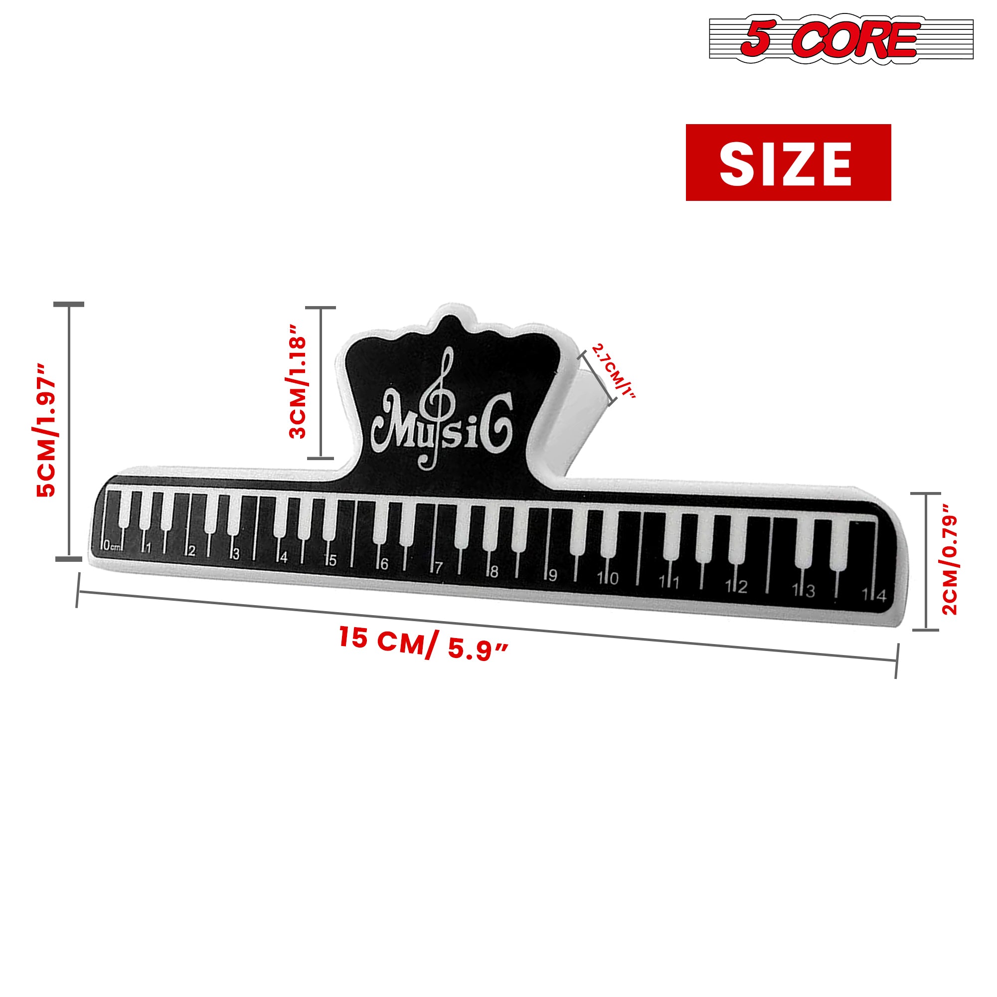Two black durable plastic music sheet page holder clips designed for musicians, showcasing their sturdy construction and compact size.