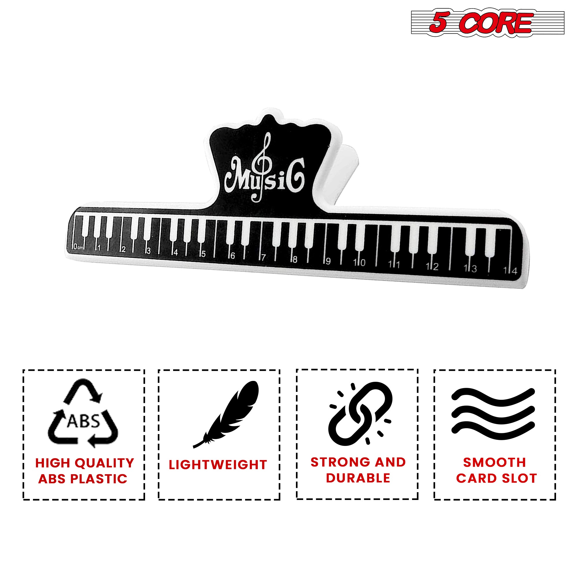 Two black durable plastic music sheet page holder clips designed for musicians, showcasing their sturdy construction and compact size.
