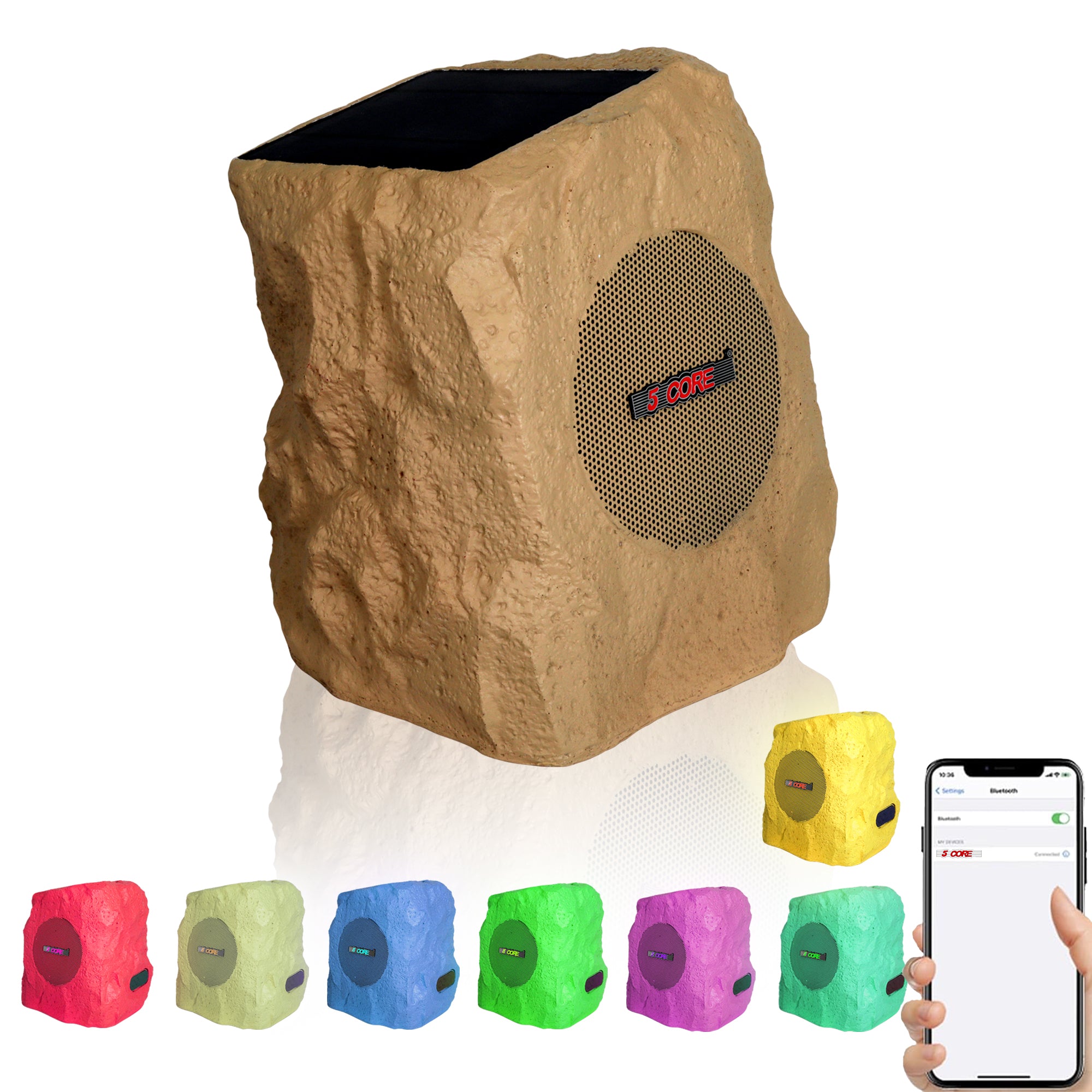 5Core Outdoor Speakers in a rock design, showcasing waterproof features and colorful lights, perfect for outdoor use.