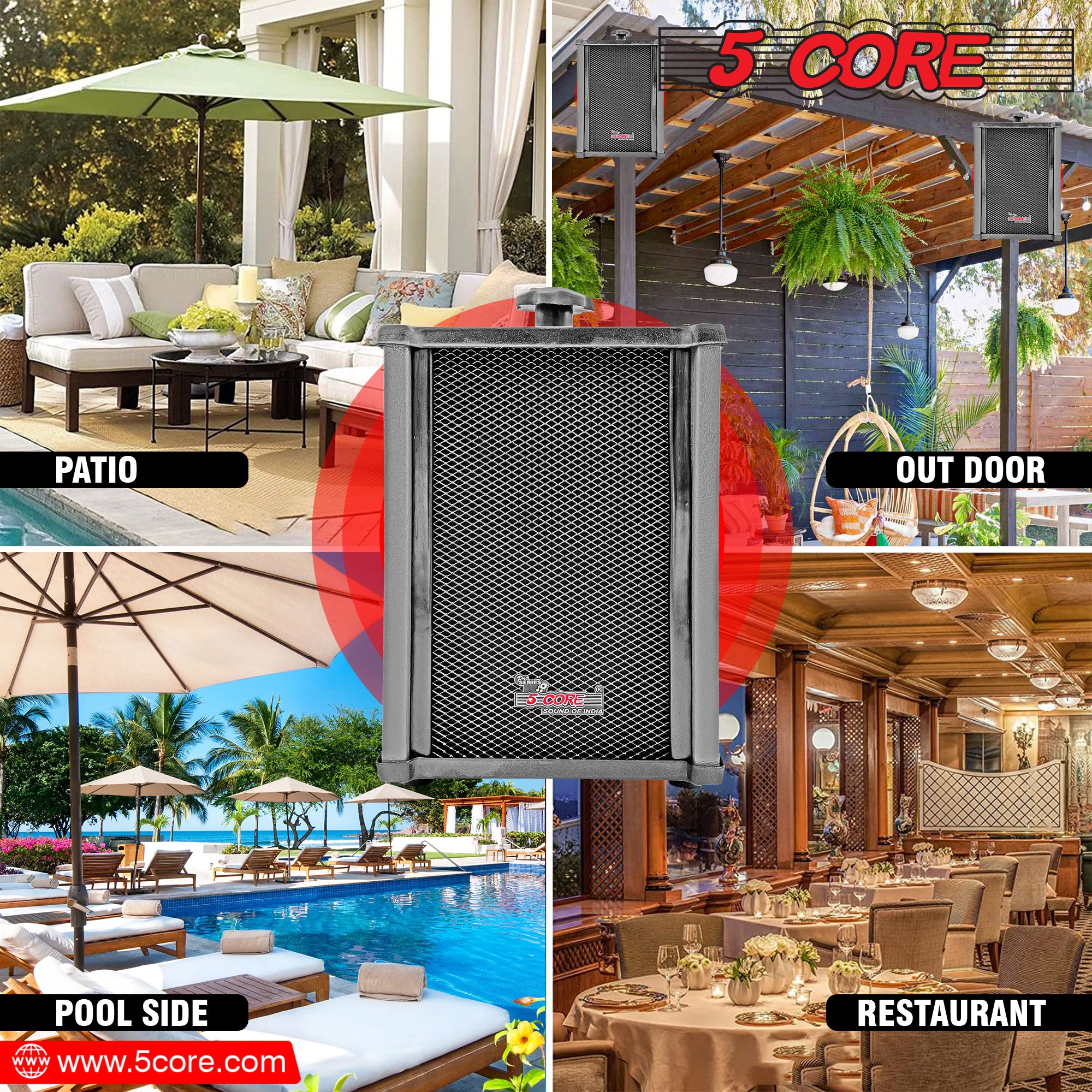 5Core Outdoor Speakers designed for indoor and outdoor use, showcasing their sleek design and weather-resistant features.