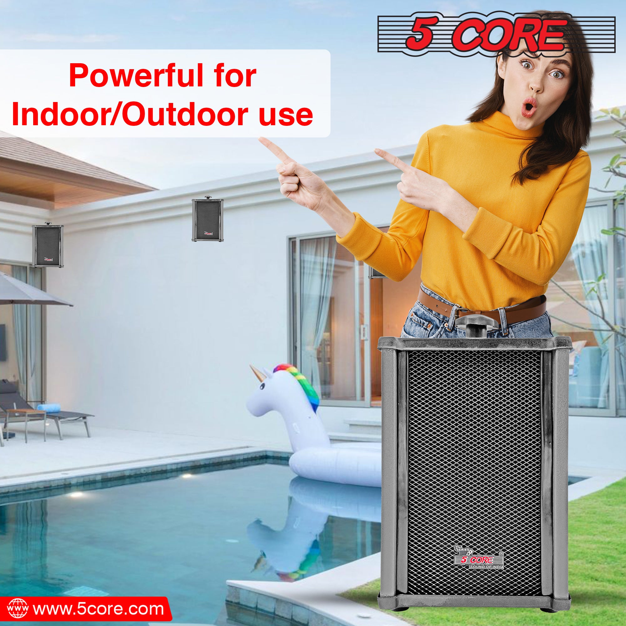 5Core Outdoor Speakers designed for indoor and outdoor use, showcasing their sleek design and weather-resistant features.