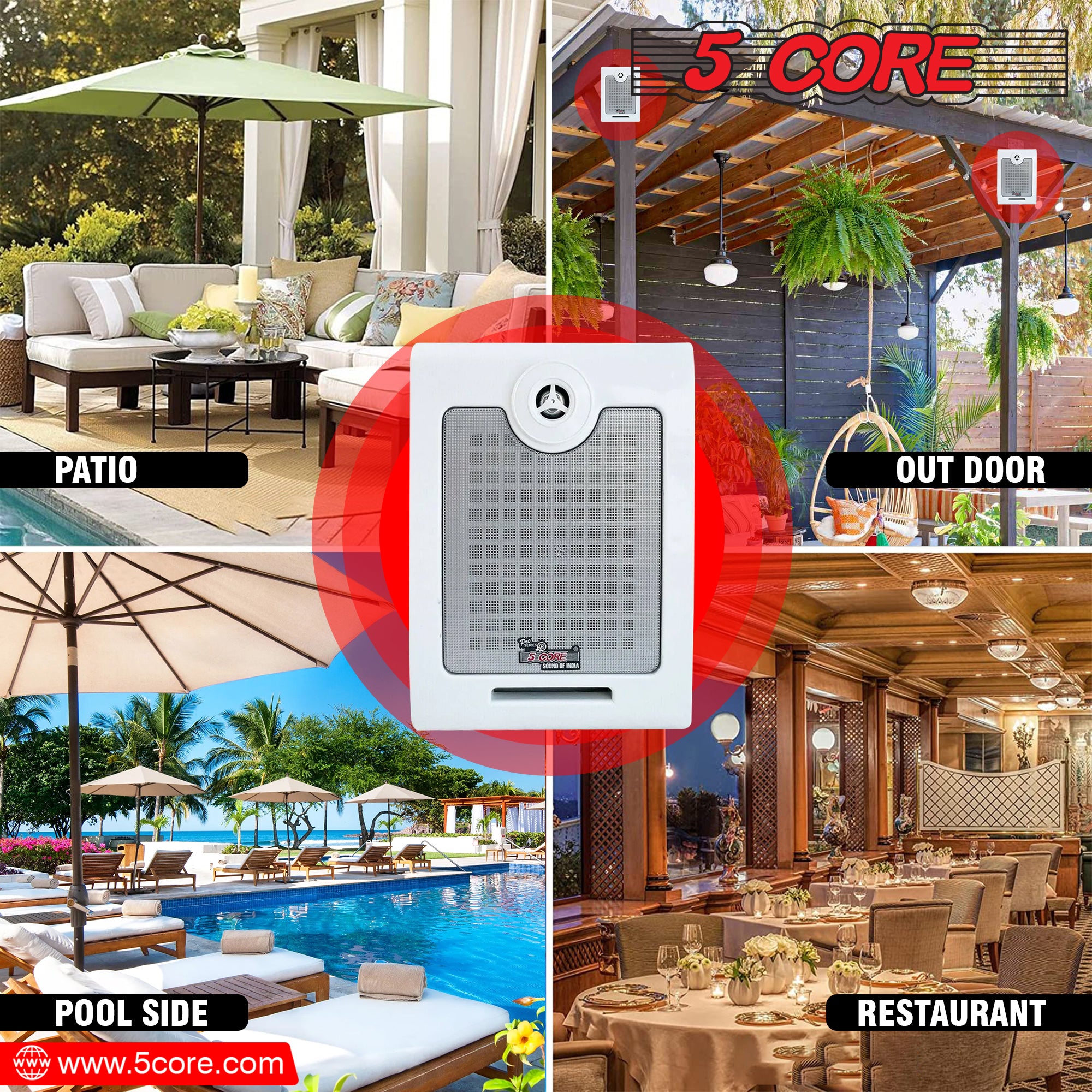 5Core Outdoor Speakers designed for indoor and outdoor use, featuring a sleek design and weather-resistant coating.