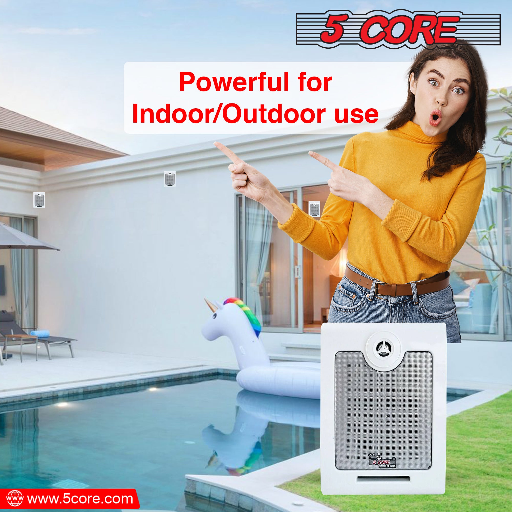 5Core Outdoor Speakers designed for indoor and outdoor use, featuring a sleek design and weather-resistant coating.