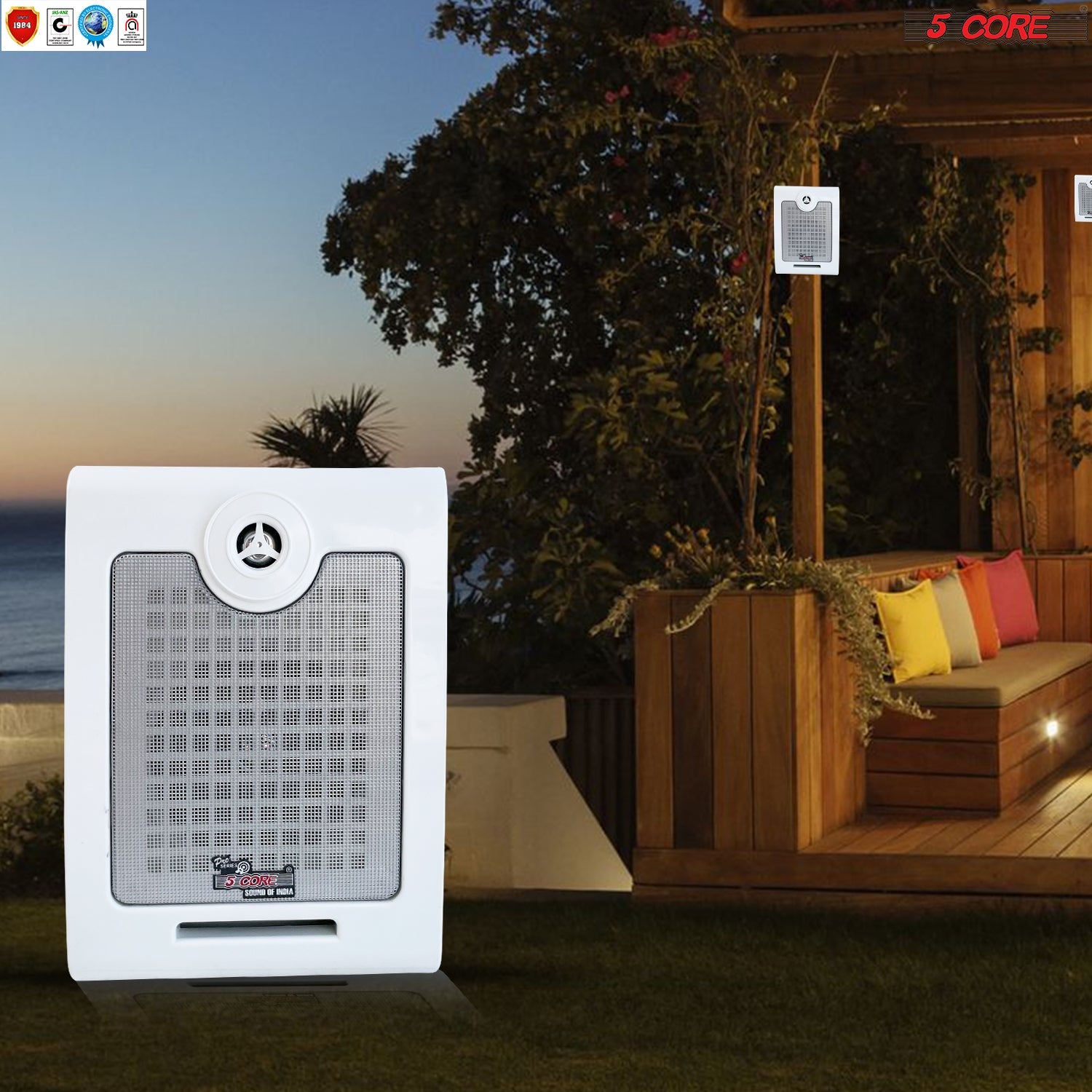 5Core Outdoor Speakers designed for indoor and outdoor use, featuring a sleek design and weather-resistant coating.