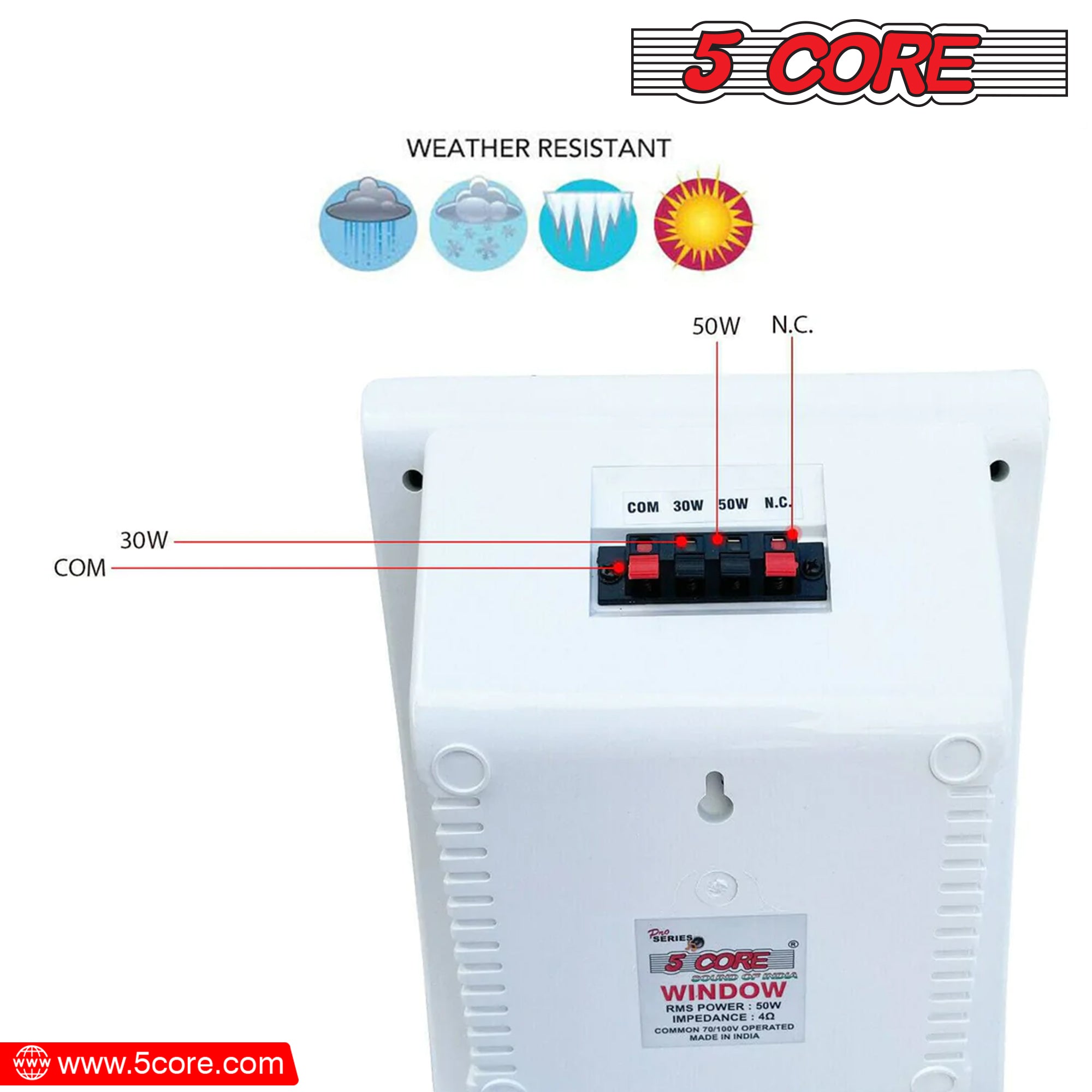 5Core Outdoor Speakers designed for indoor and outdoor use, featuring a sleek design and weather-resistant coating.