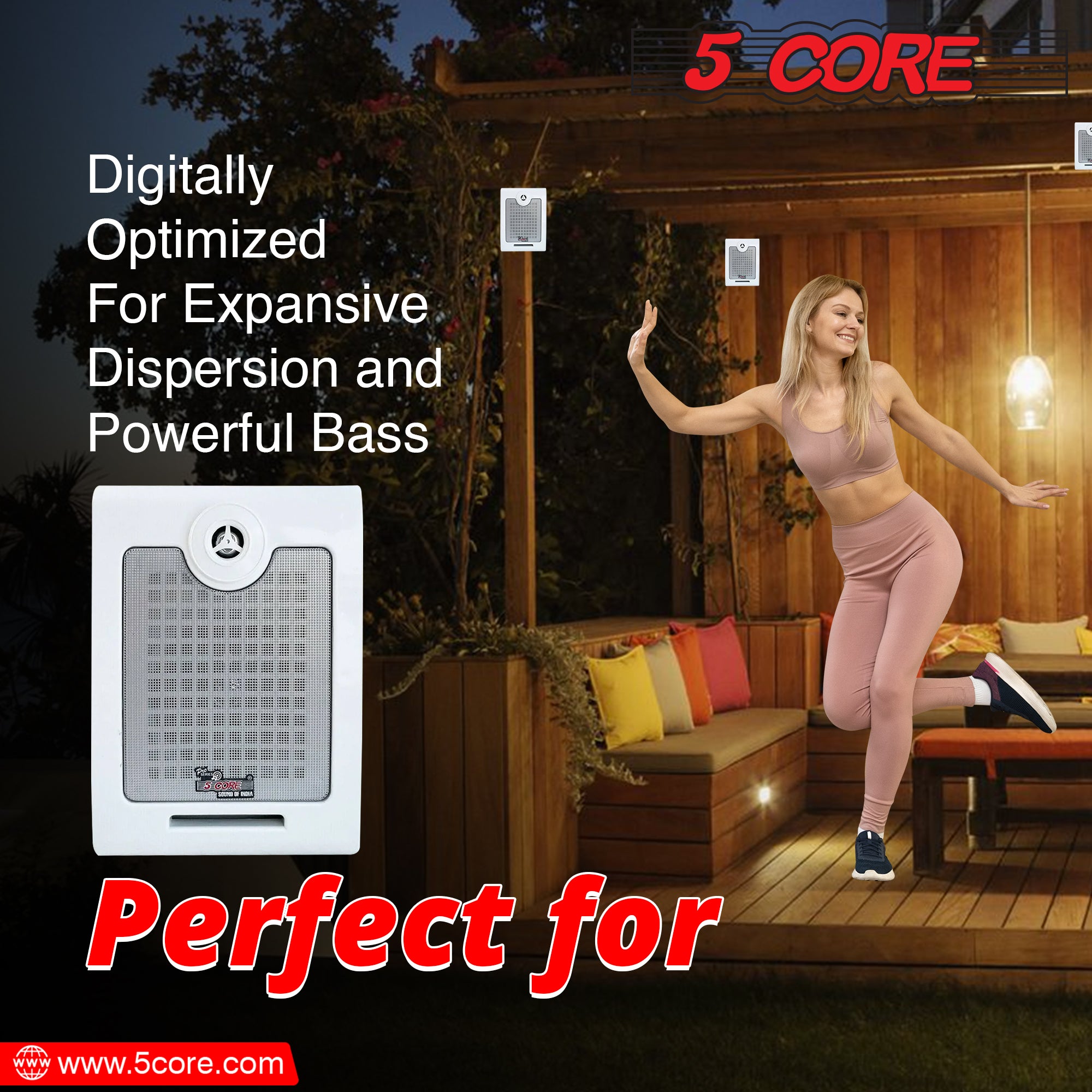 5Core Outdoor Speakers designed for indoor and outdoor use, featuring a sleek design and weather-resistant coating.