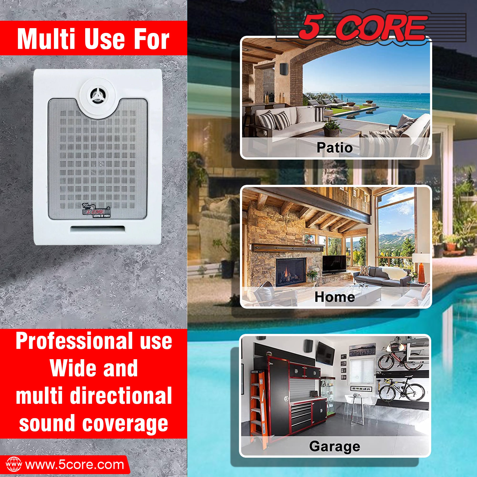 5Core Outdoor Speakers designed for indoor and outdoor use, featuring a sleek design and weather-resistant coating.