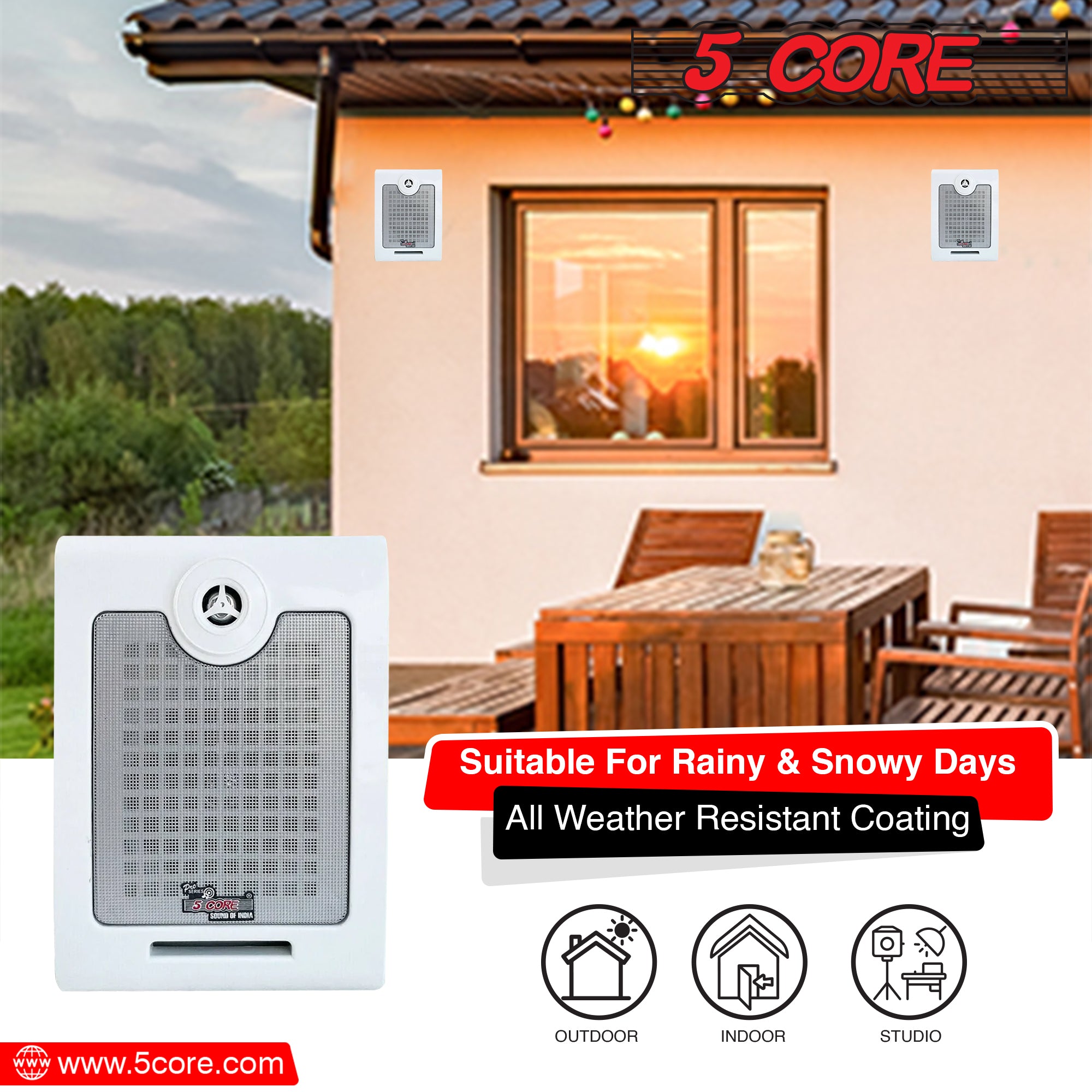 5Core Outdoor Speakers designed for indoor and outdoor use, featuring a sleek design and weather-resistant coating.