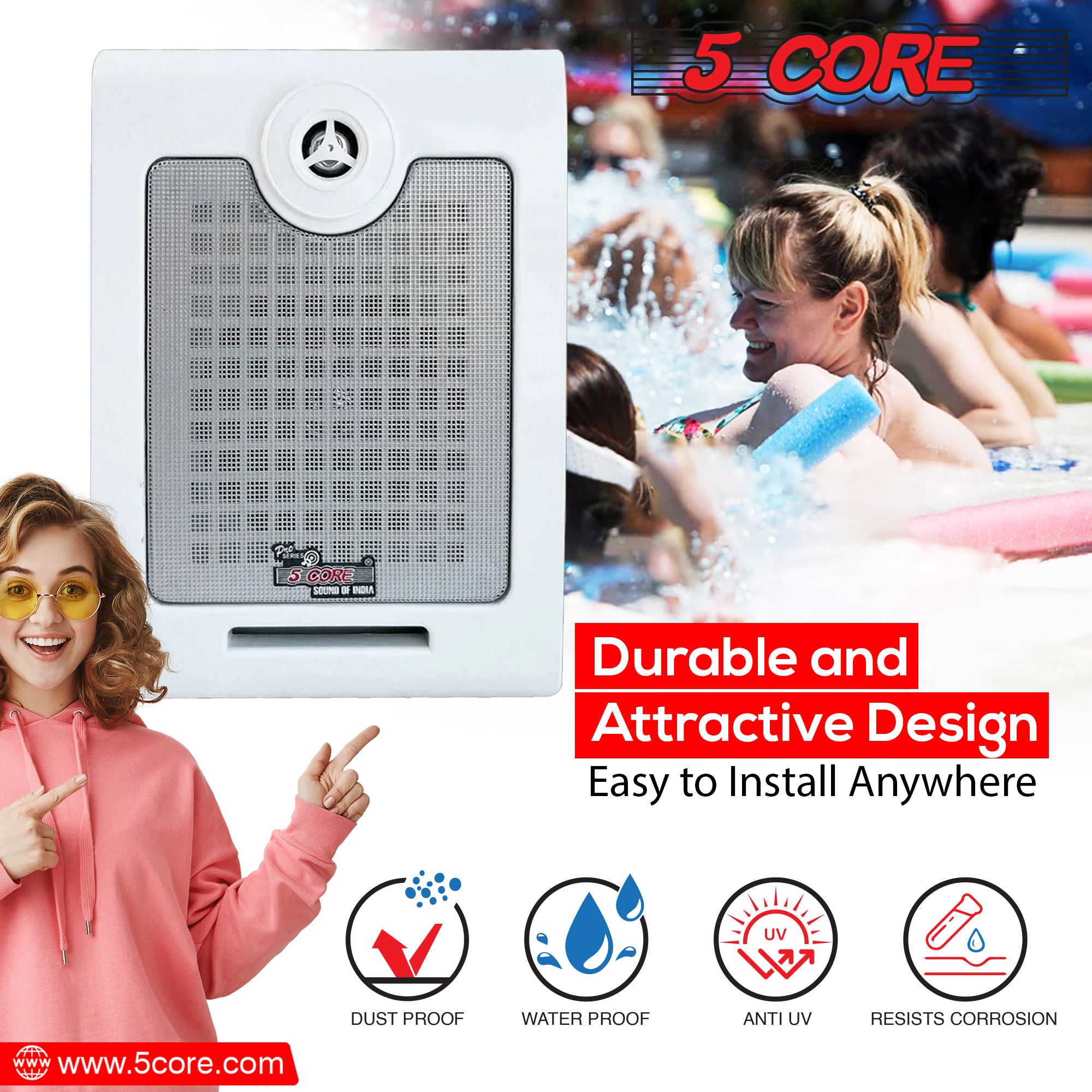 5Core Outdoor Speakers designed for indoor and outdoor use, featuring a sleek design and weather-resistant coating.