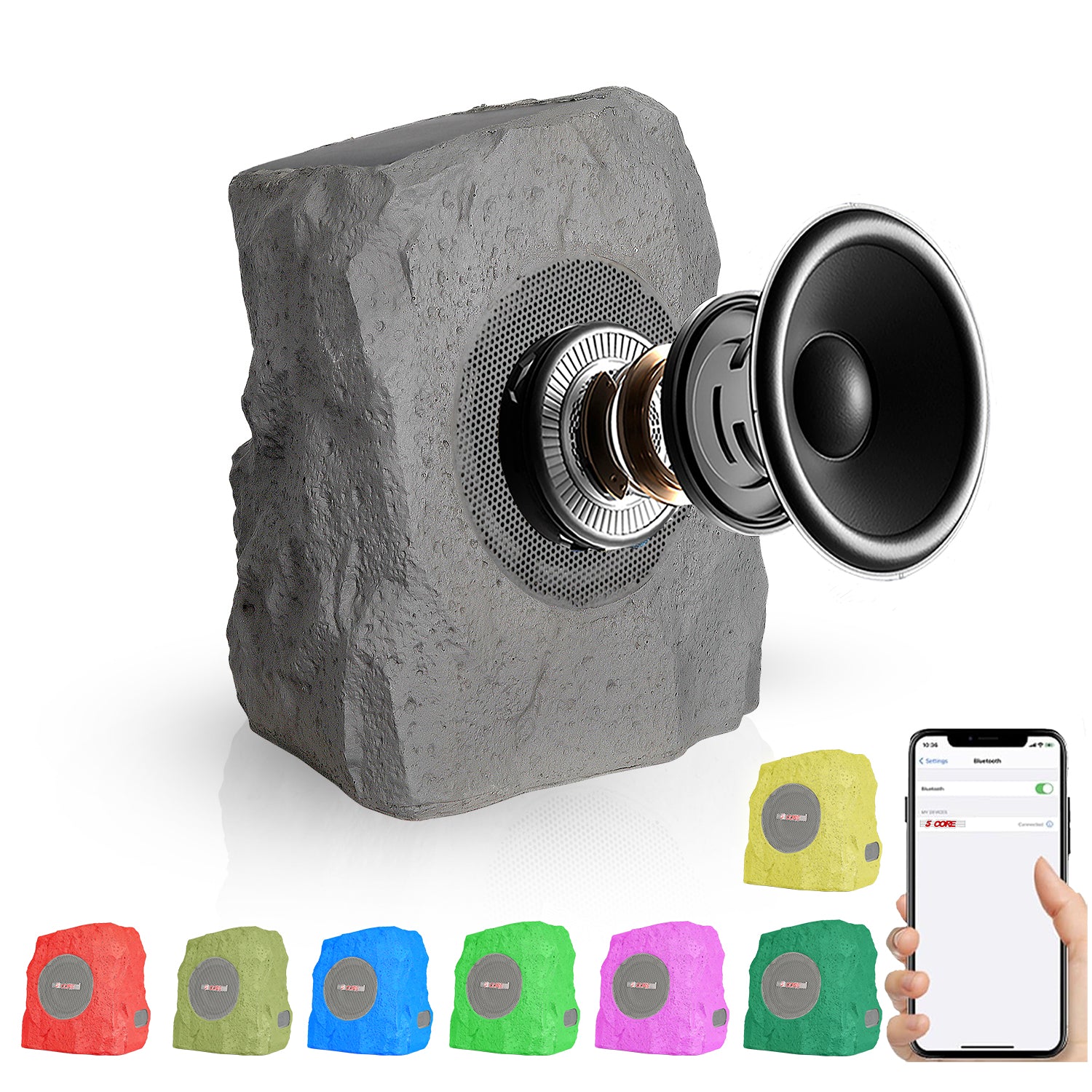 5Core Outdoor Wireless Speakers in a rock design, showcasing their waterproof feature and vibrant color lights, perfect for outdoor use.