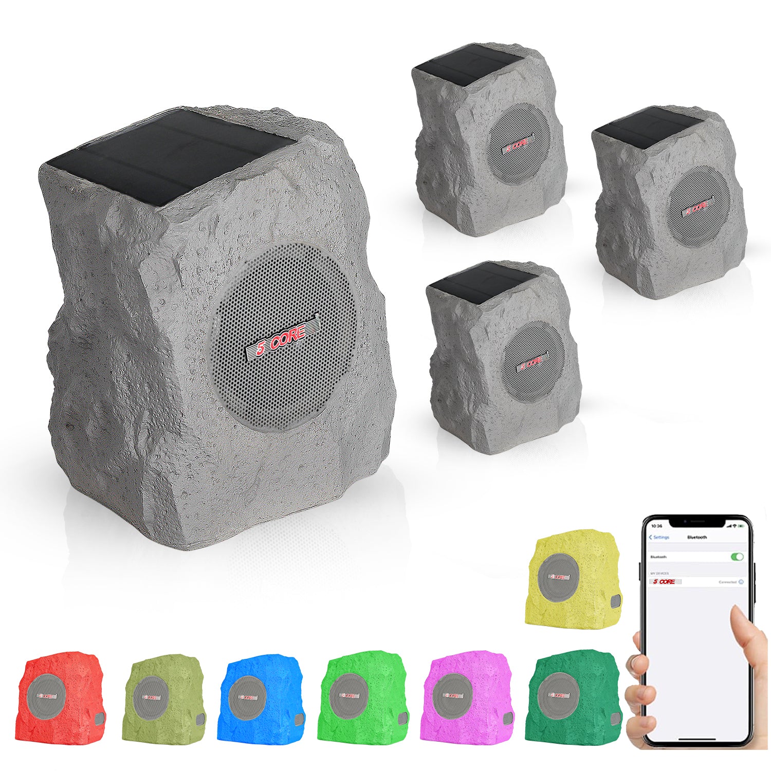 5Core Outdoor Wireless Speakers in a rock design, showcasing their waterproof feature and vibrant color lights, perfect for outdoor use.
