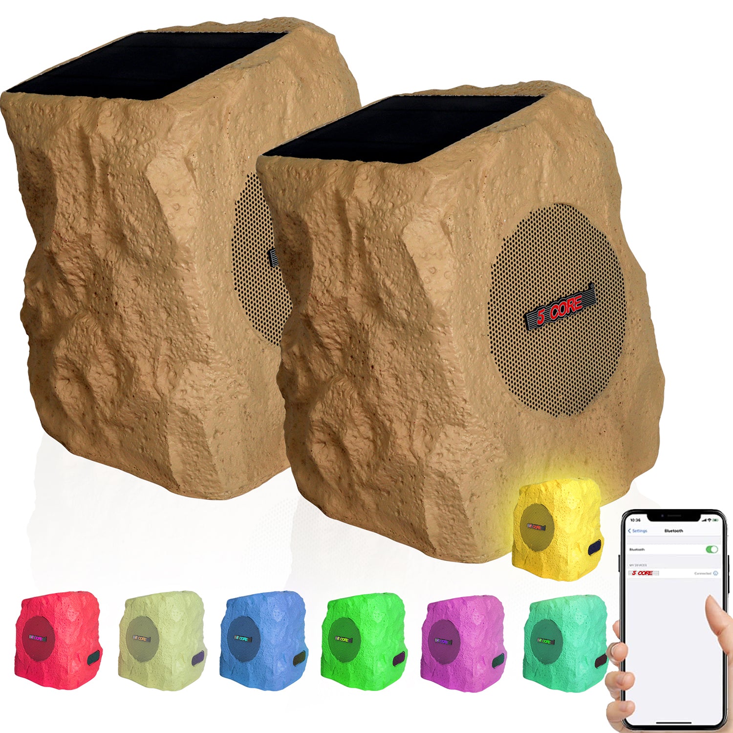 5Core Outdoor Wireless Speakers in a rock design, showcasing their waterproof feature and vibrant color lights, perfect for outdoor use.