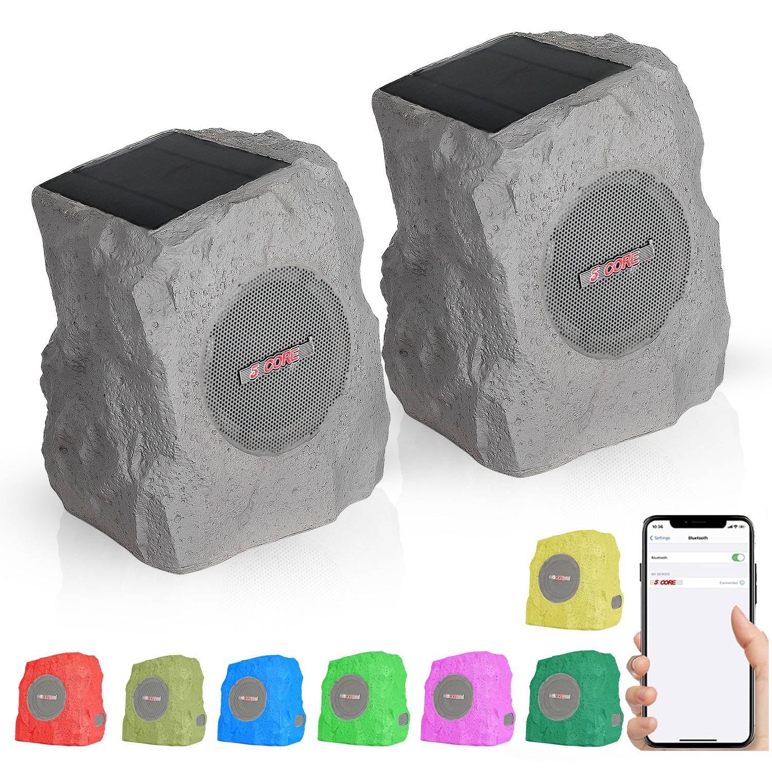 5Core Outdoor Wireless Speakers in a rock design, showcasing their waterproof feature and vibrant color lights, perfect for outdoor use.
