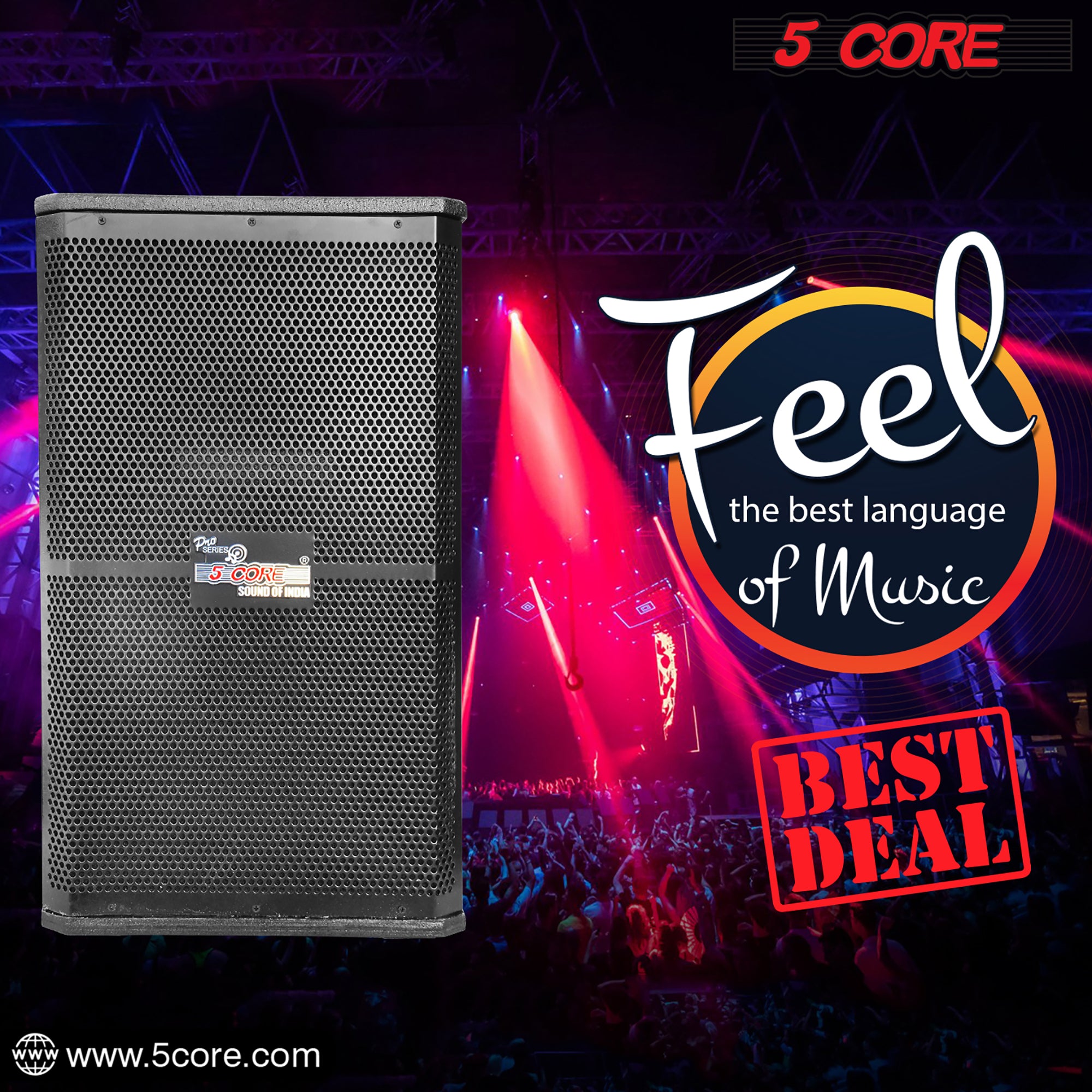 5Core Portable Cabinet PA DJ Speaker System featuring a 15-inch woofer, designed for powerful sound and durability, suitable for various events.