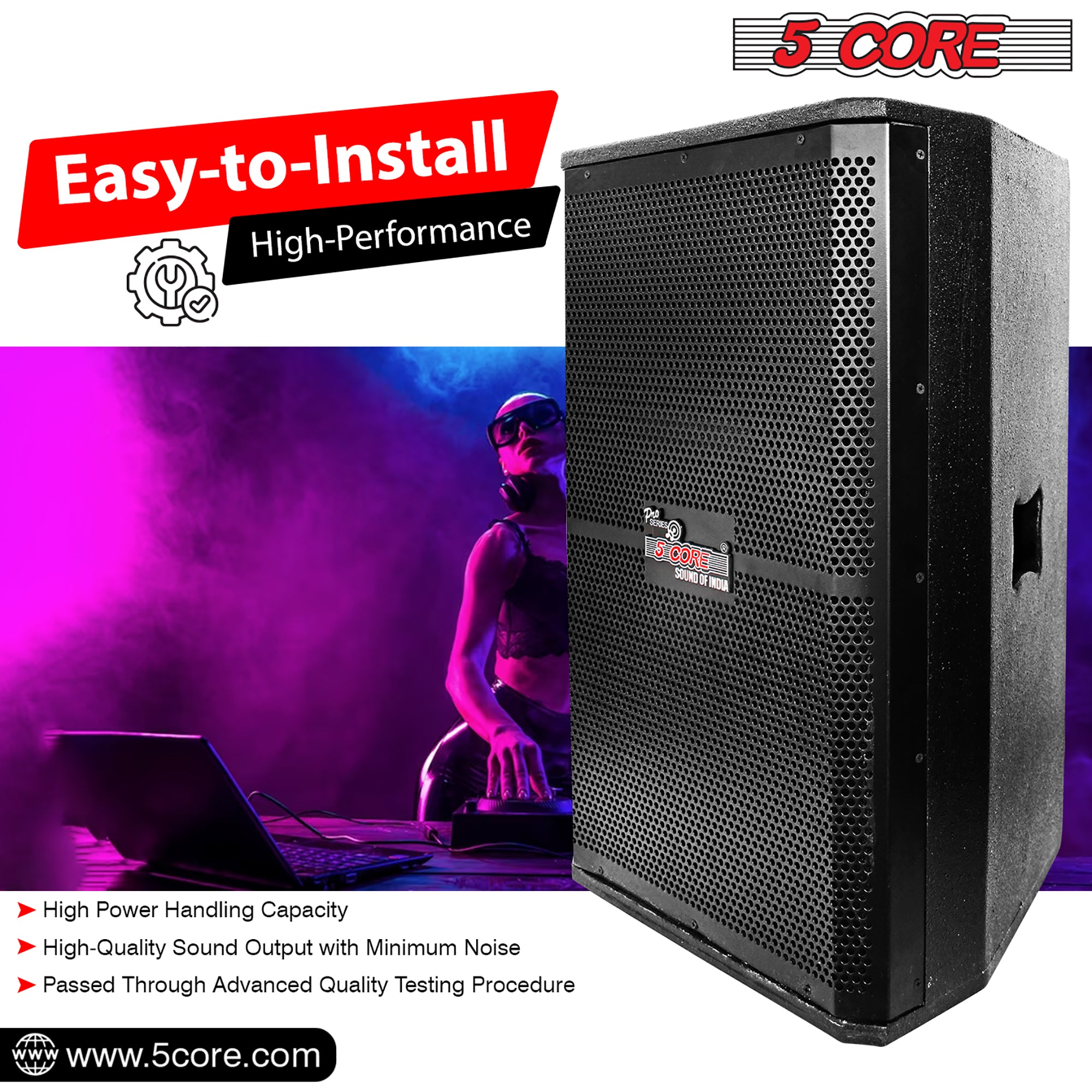 5Core Portable Cabinet PA DJ Speaker System featuring a 15-inch woofer, designed for powerful sound and durability, suitable for various events.