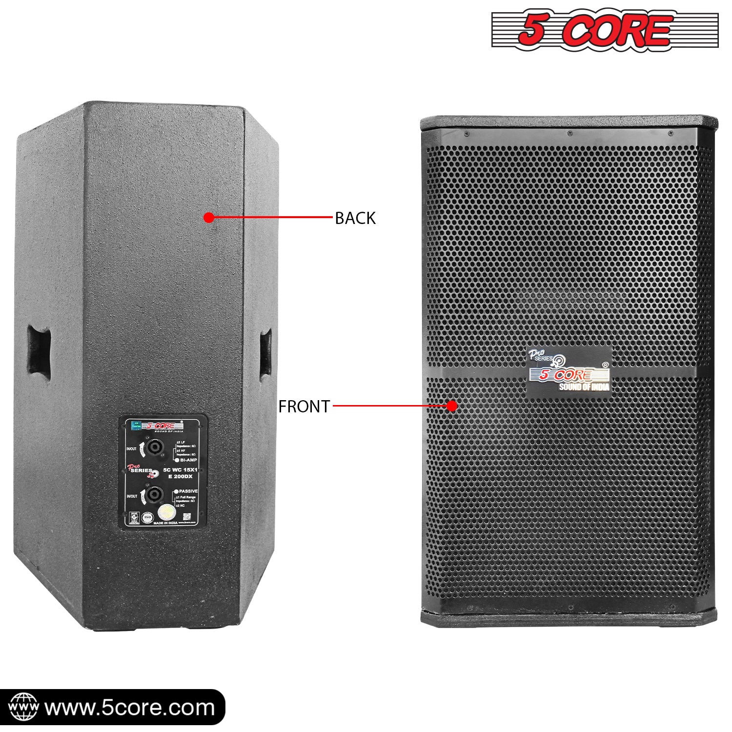 5Core Portable Cabinet PA DJ Speaker System featuring a 15-inch woofer, designed for powerful sound and durability, suitable for various events.