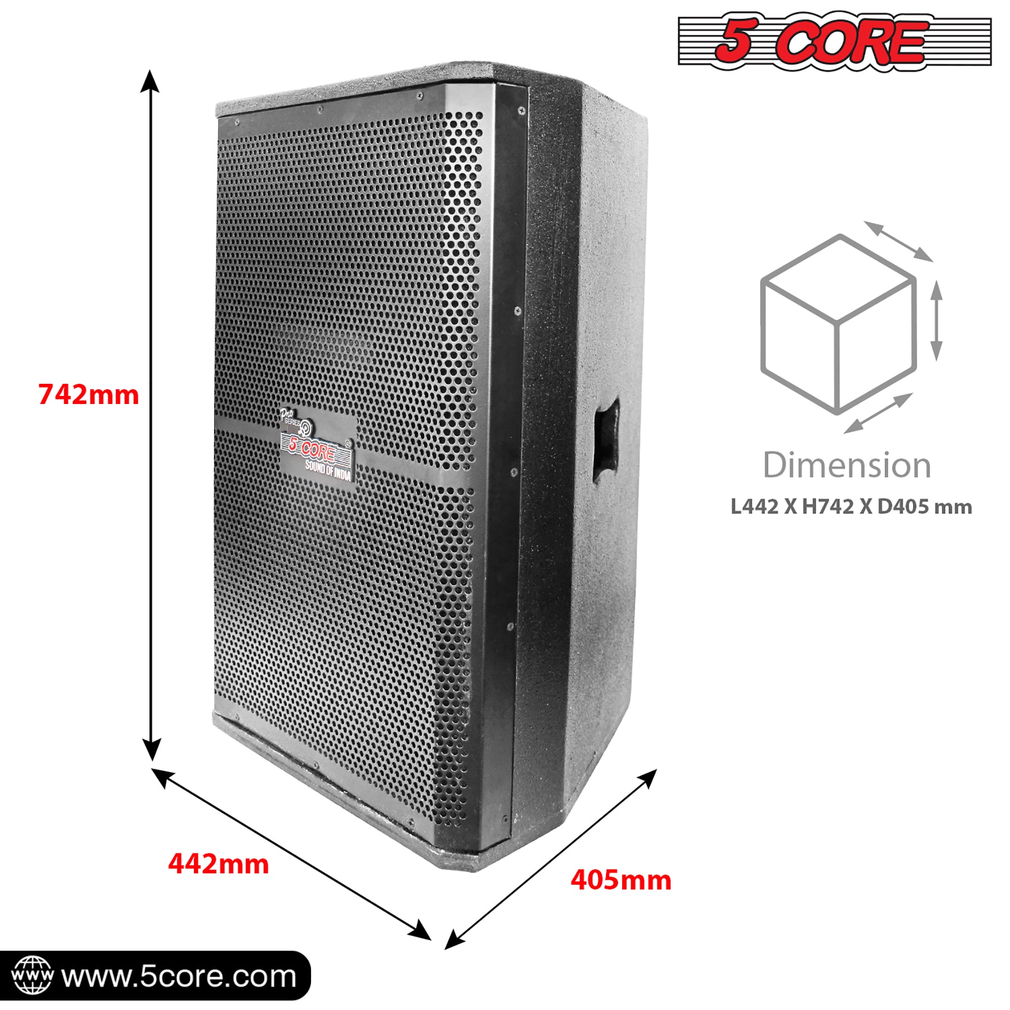 5Core Portable Cabinet PA DJ Speaker System featuring a 15-inch woofer, designed for powerful sound and durability, suitable for various events.