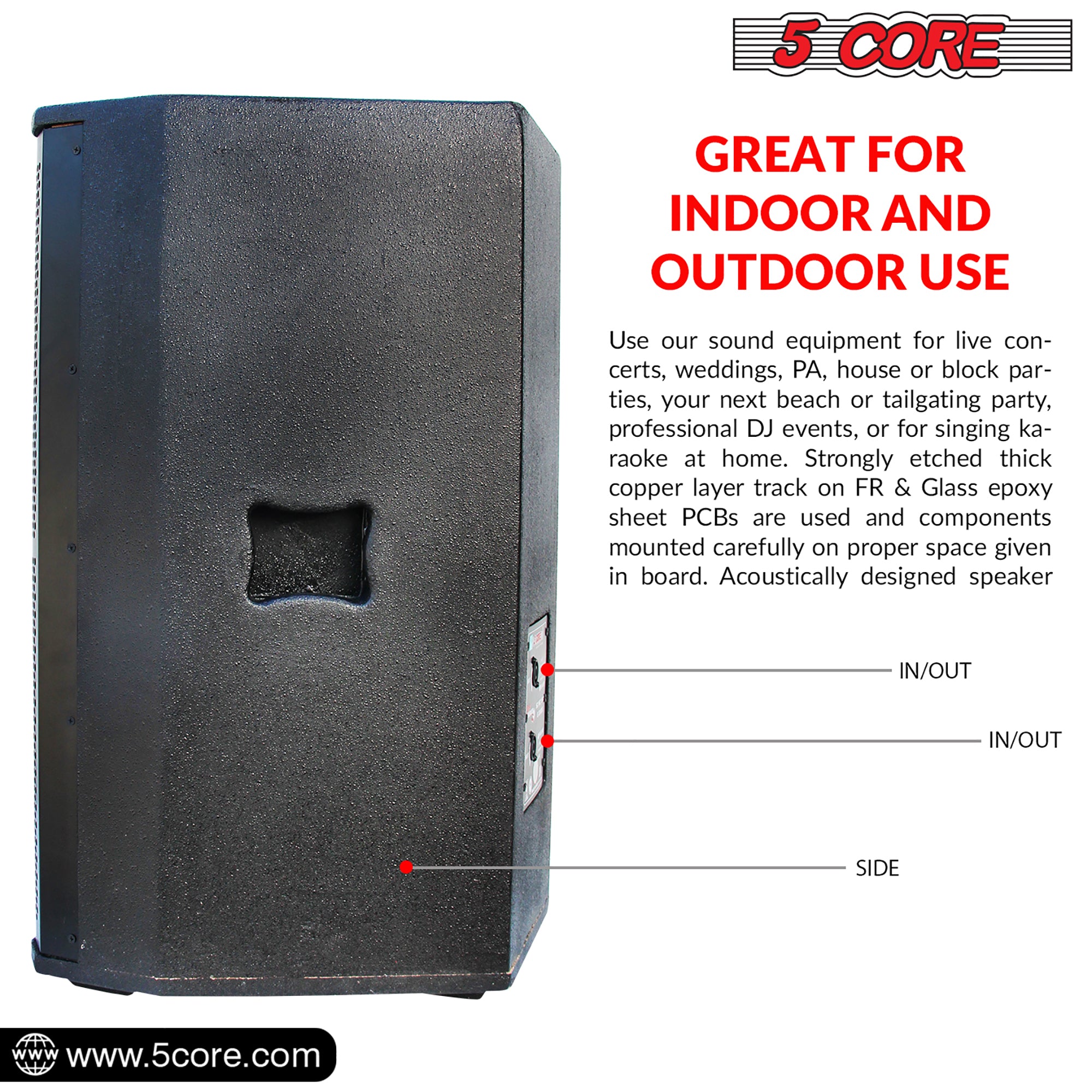 5Core Portable Cabinet PA DJ Speaker System featuring a 15-inch woofer, designed for powerful sound and durability, suitable for various events.