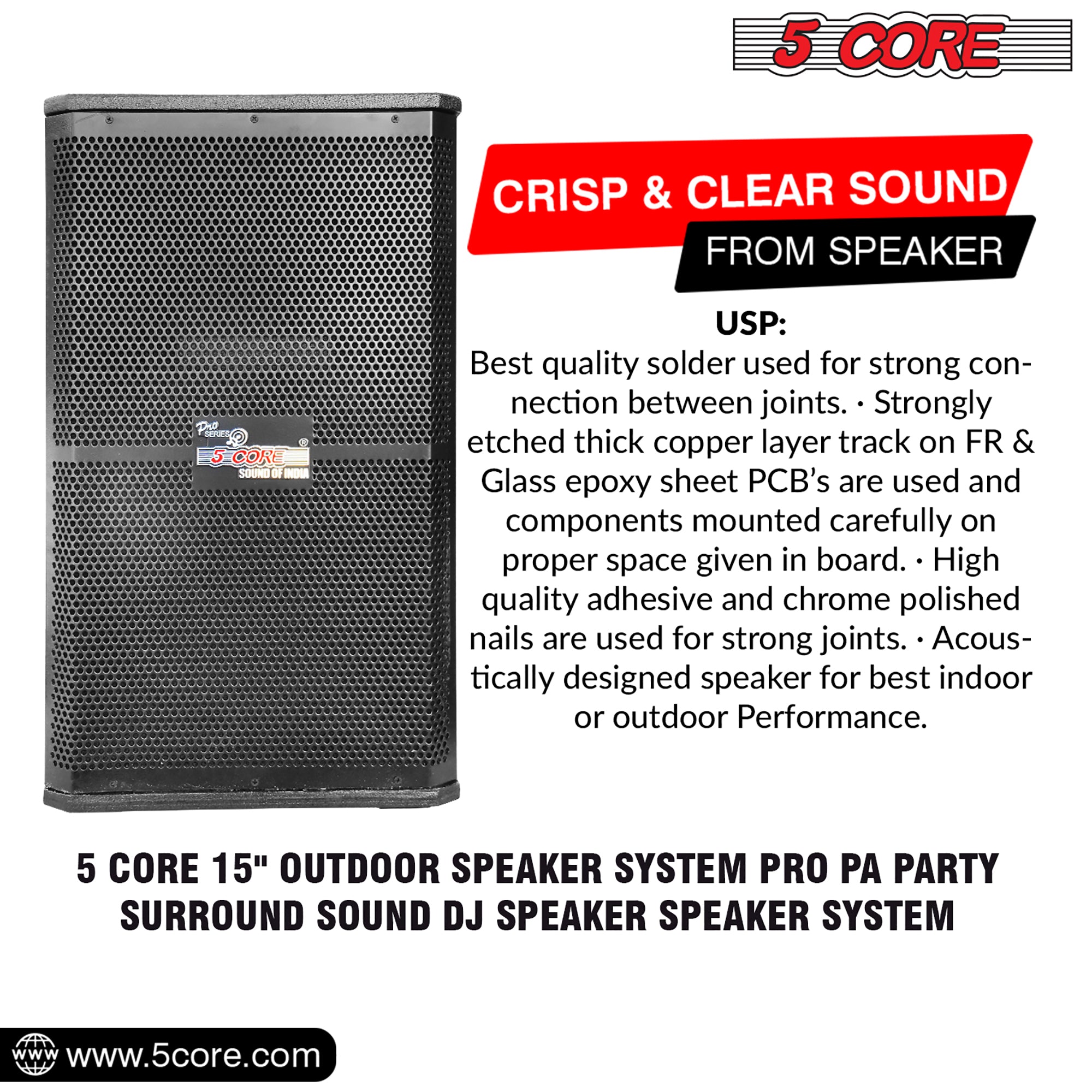 5Core Portable Cabinet PA DJ Speaker System featuring a 15-inch woofer, designed for powerful sound and durability, suitable for various events.