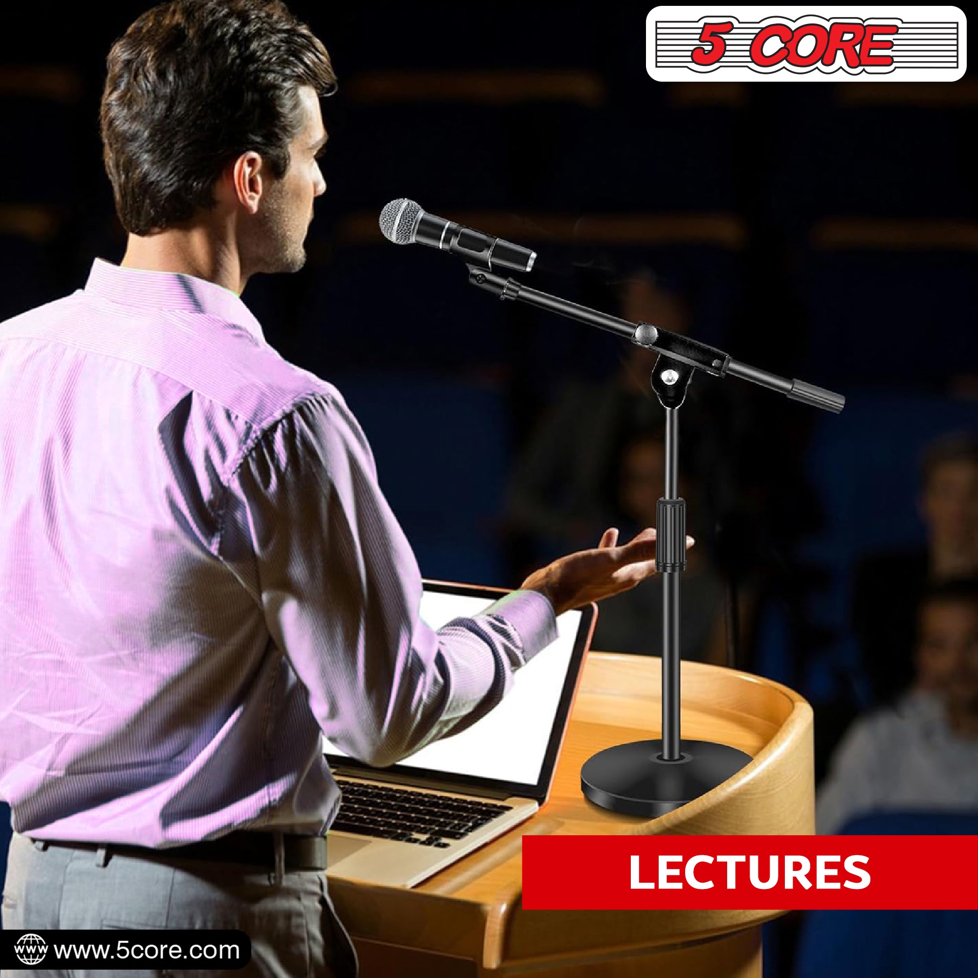 5Core Round Base Desktop Mic Stand with adjustable boom arm and anti-slip microphone clip, designed for stability and versatility.