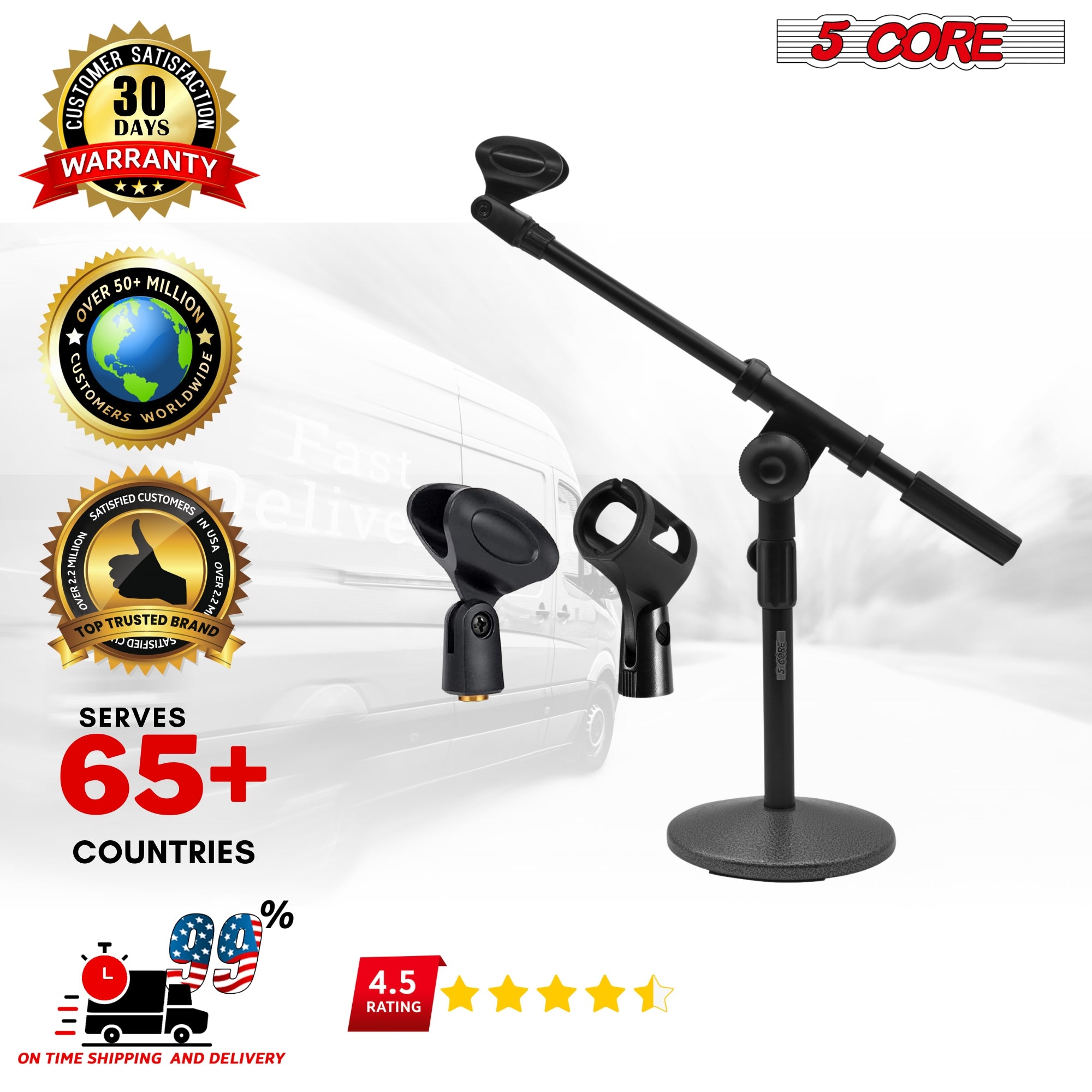 5Core Round Base Desktop Mic Stand with adjustable boom arm and anti-slip microphone clip, designed for stability and versatility.