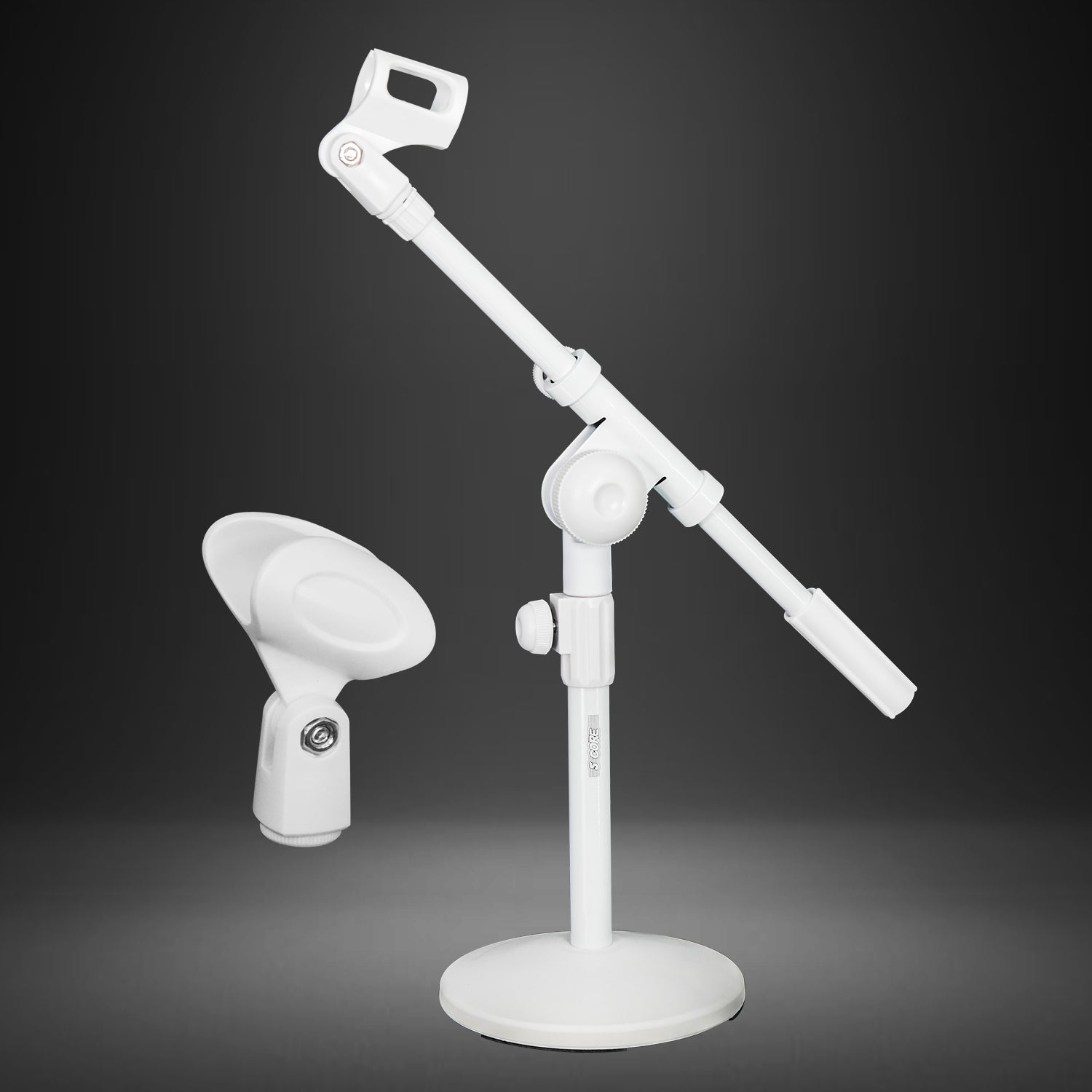 5Core Round Base Desktop Mic Stand with adjustable boom arm and anti-slip microphone clip, designed for stability and versatility.
